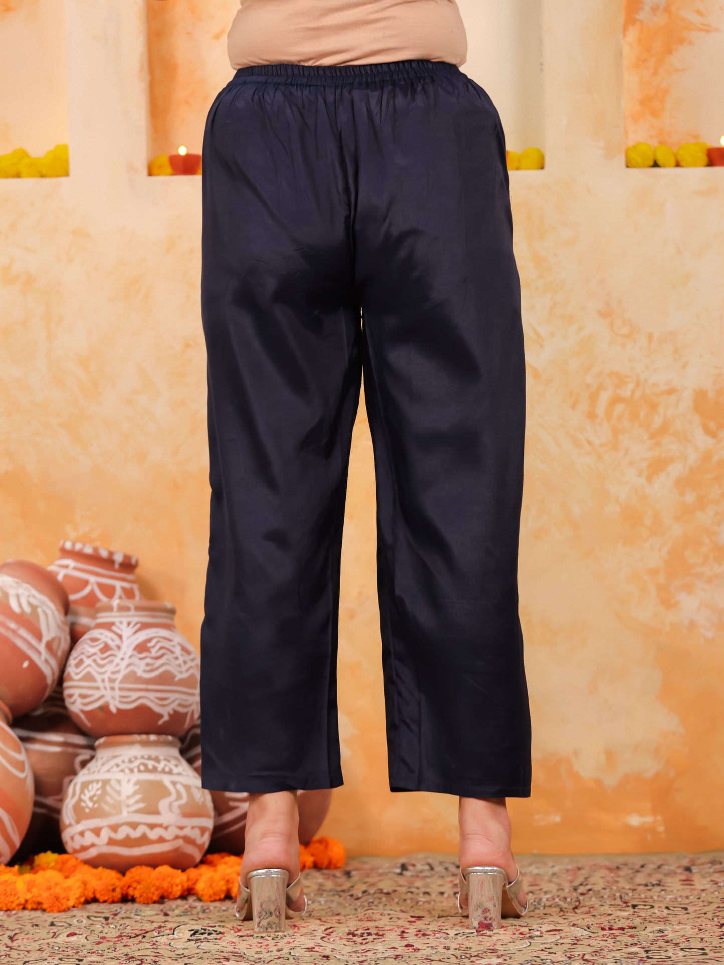 Chanderi Solid Blue Tapered Trousers