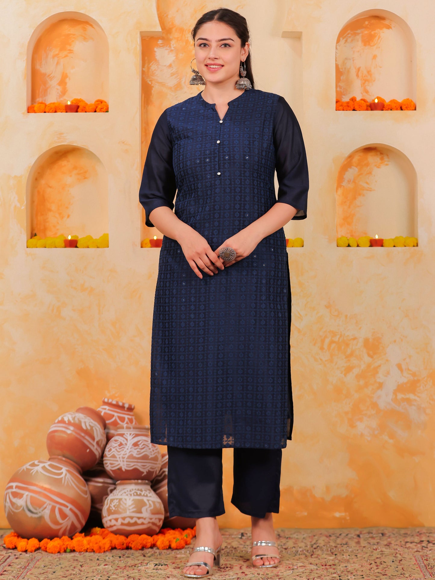 Chanderi Solid Straight Blue Kurta