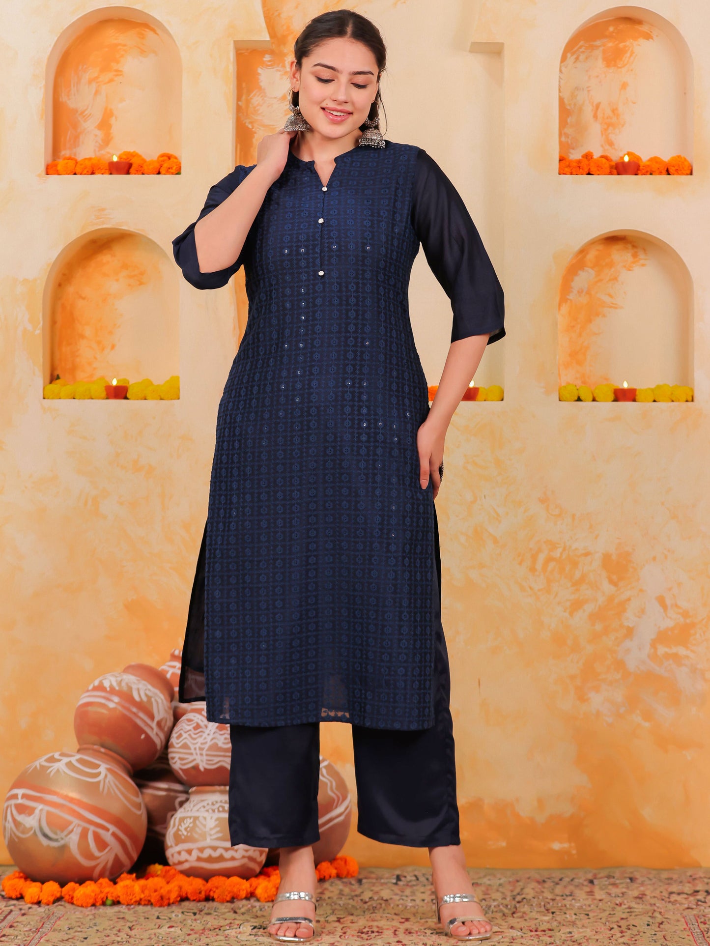 Chanderi Solid Straight Blue Kurta