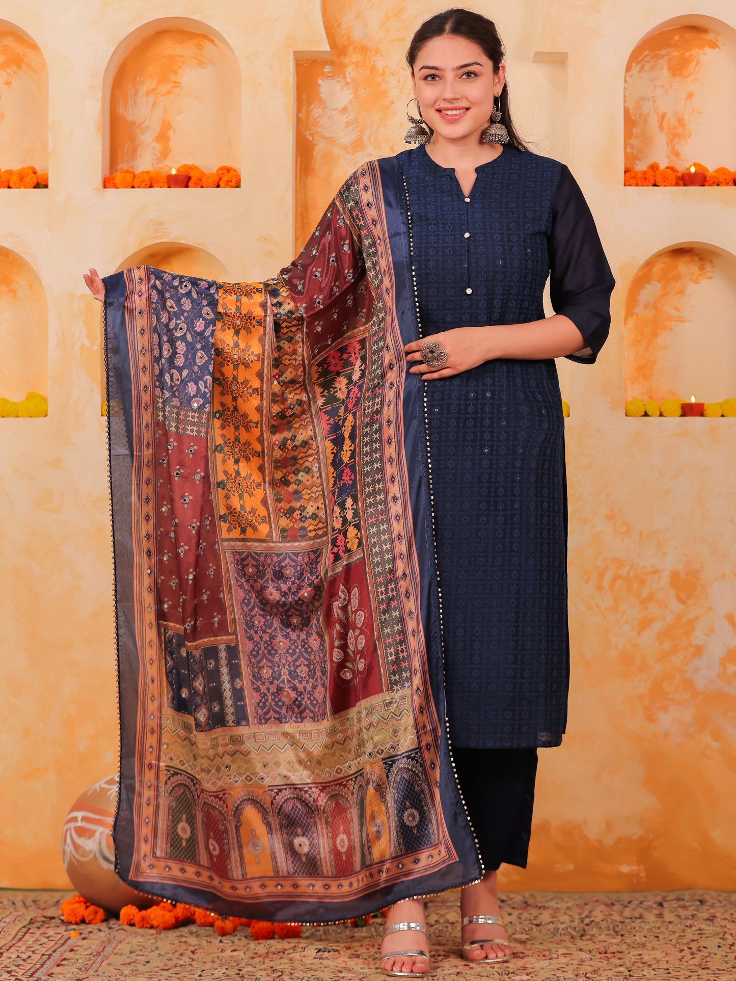 Chanderi Solid Straight Blue Kurta