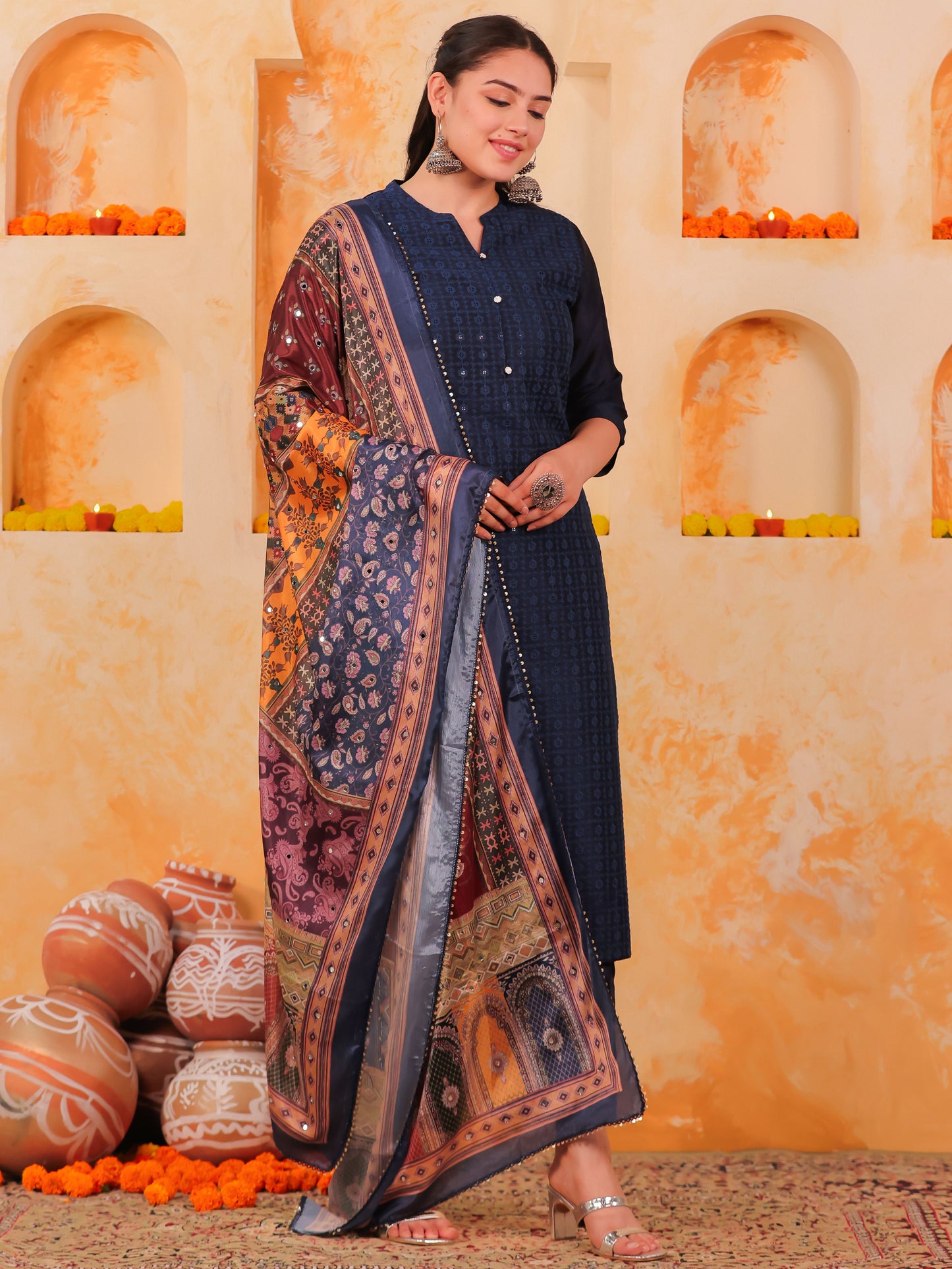 Chanderi Solid Straight Blue Kurta