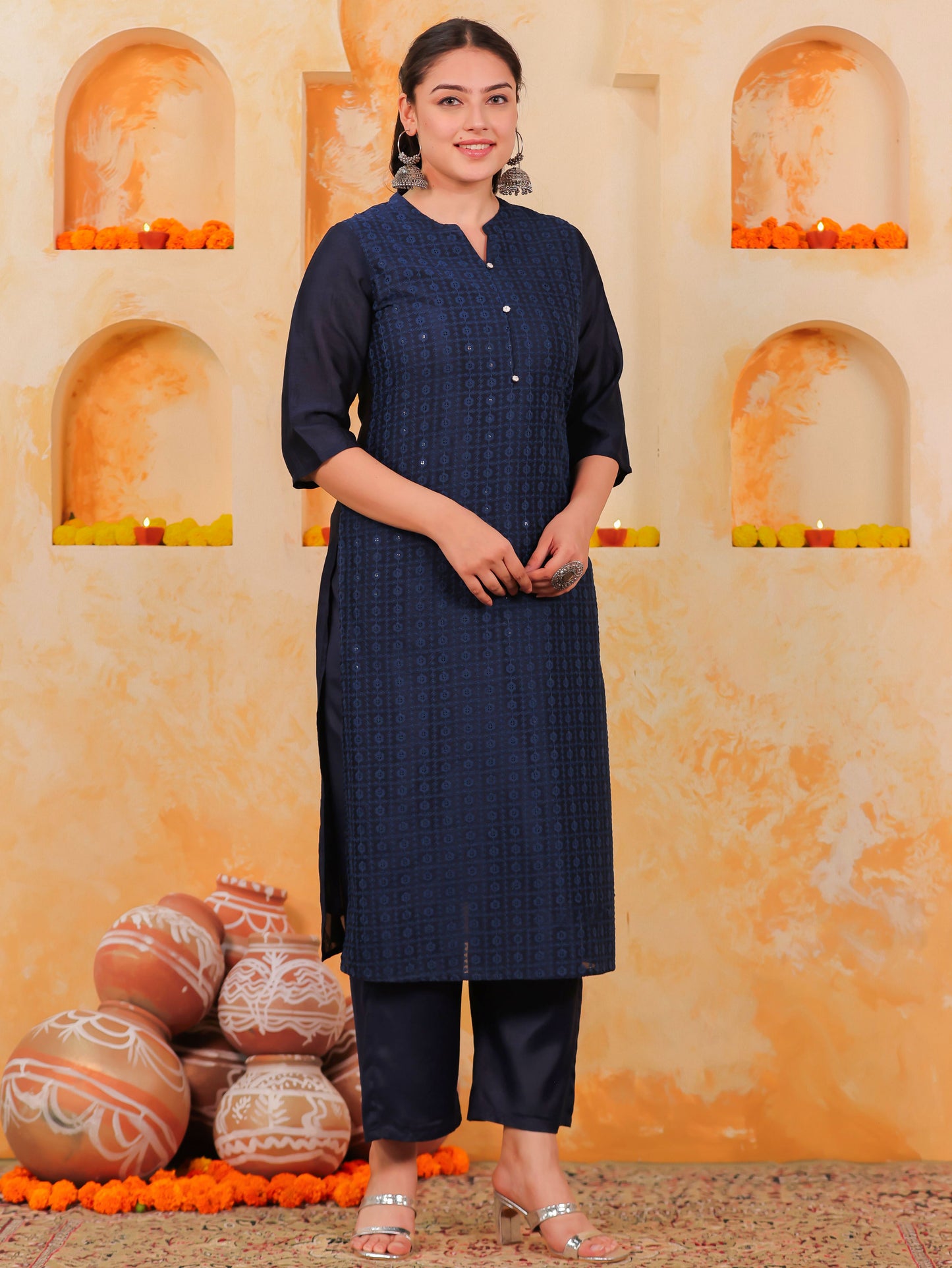 Chanderi Solid Straight Blue Kurta