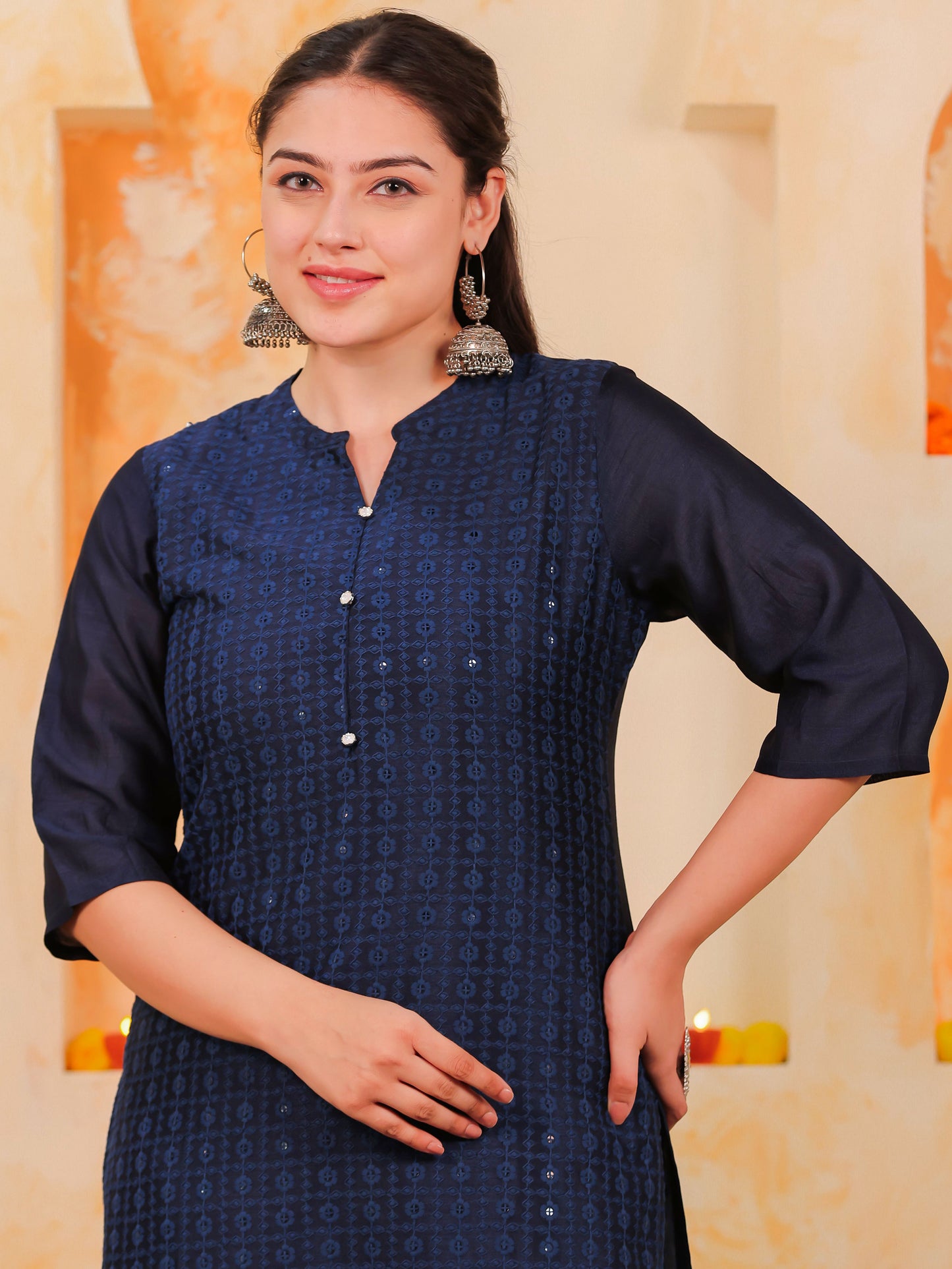 Chanderi Solid Straight Blue Kurta