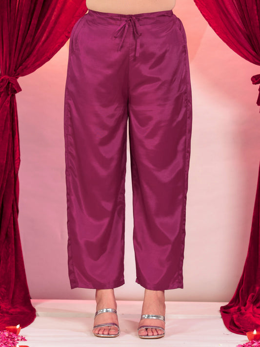 Blended Silk Solid Purple Straight Trousers