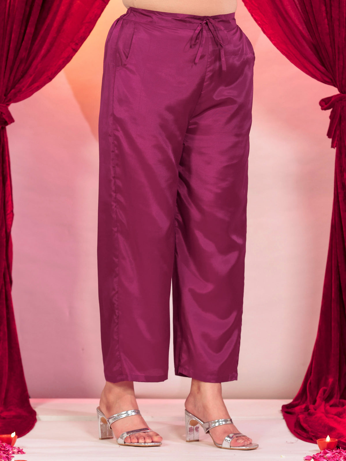 Blended Silk Solid Purple Straight Trousers