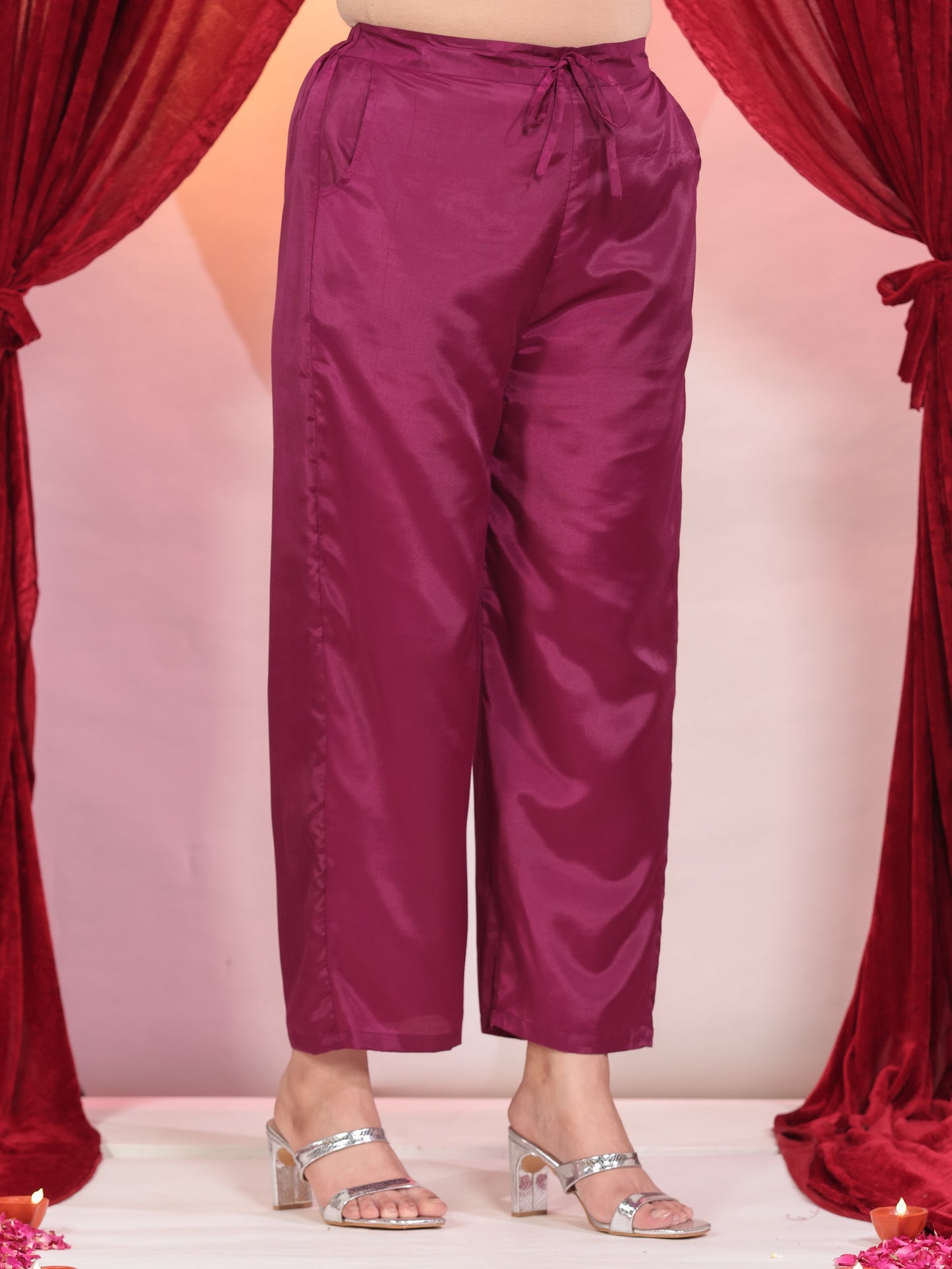 Blended Silk Solid Purple Straight Trousers
