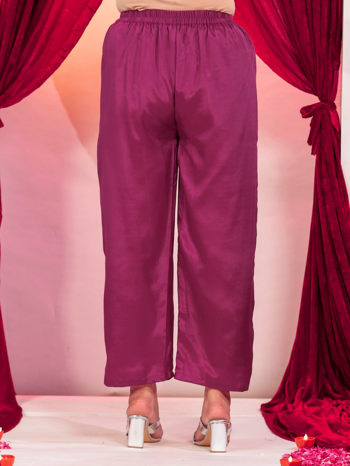 Blended Silk Solid Purple Straight Trousers