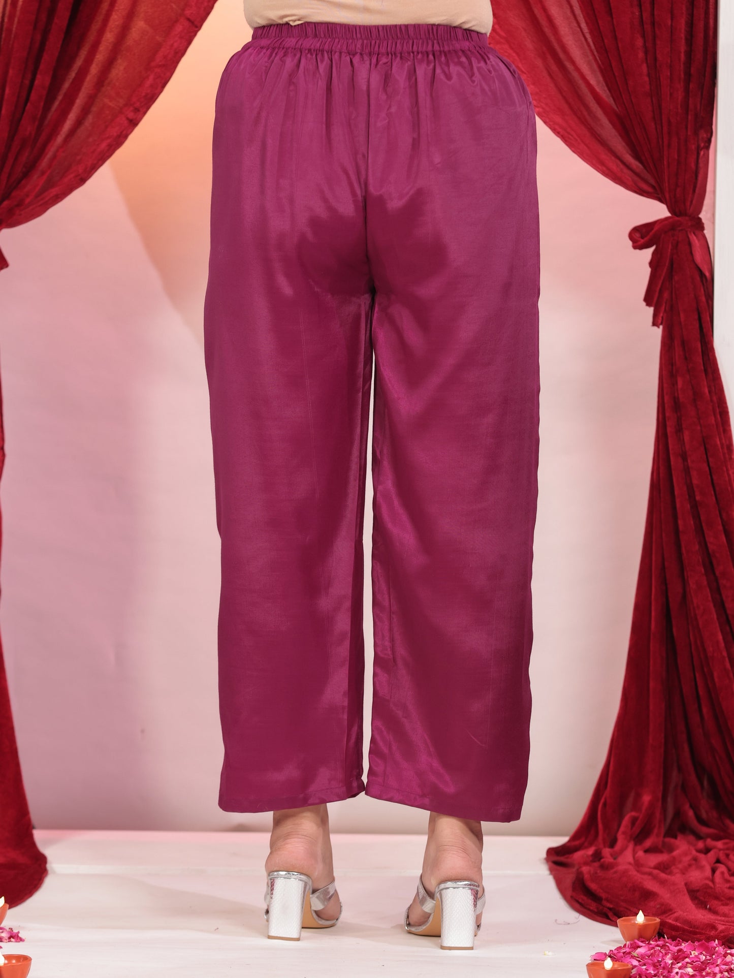 Blended Silk Solid Purple Straight Trousers