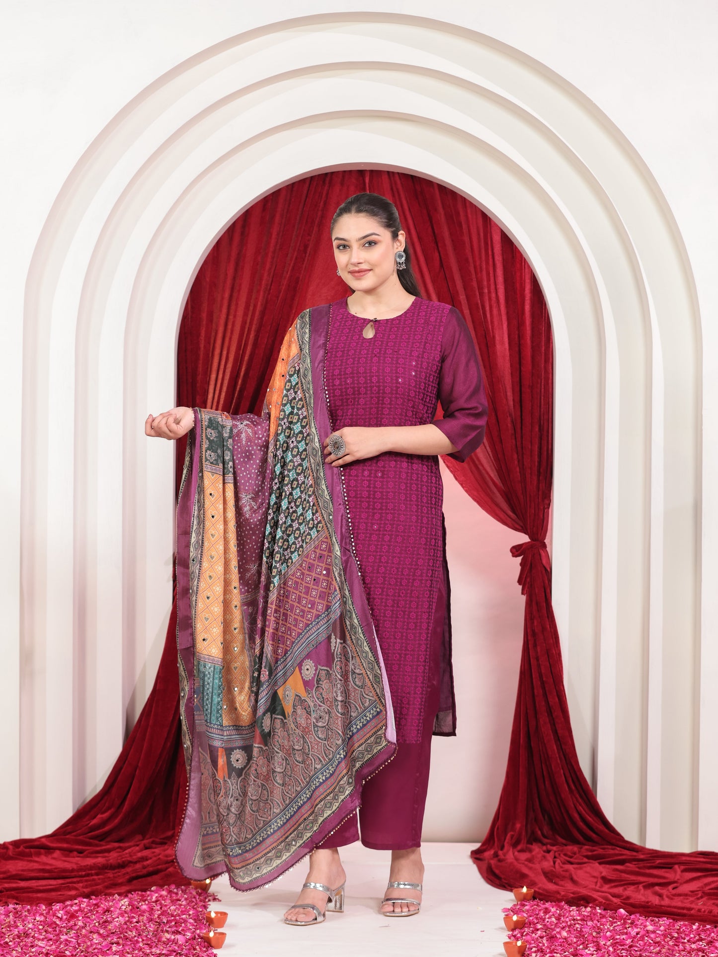 Embroidered Blended Silk Digital Multicolor Dupatta