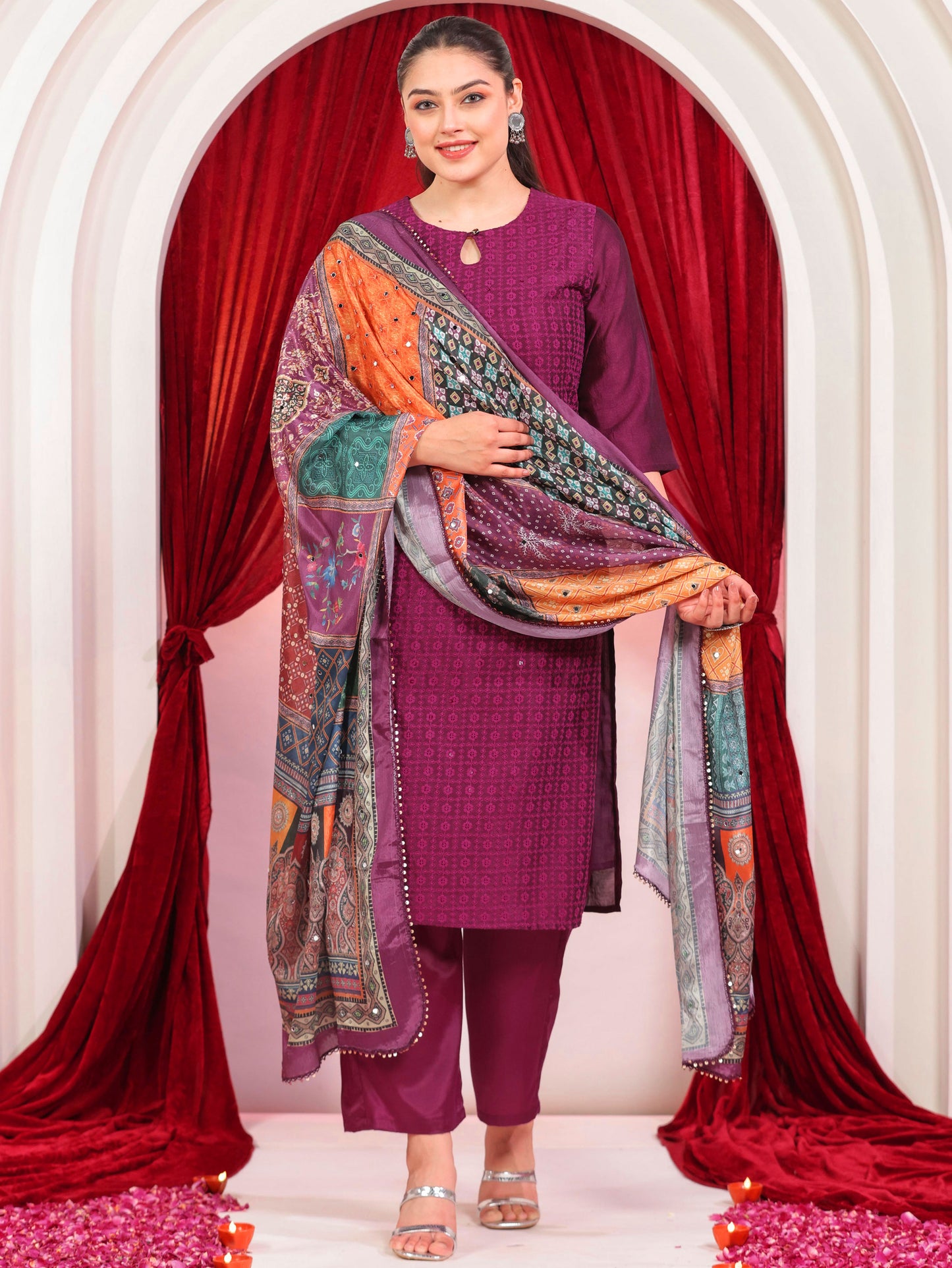 Embroidered Blended Silk Solid Straight Purple Kurta