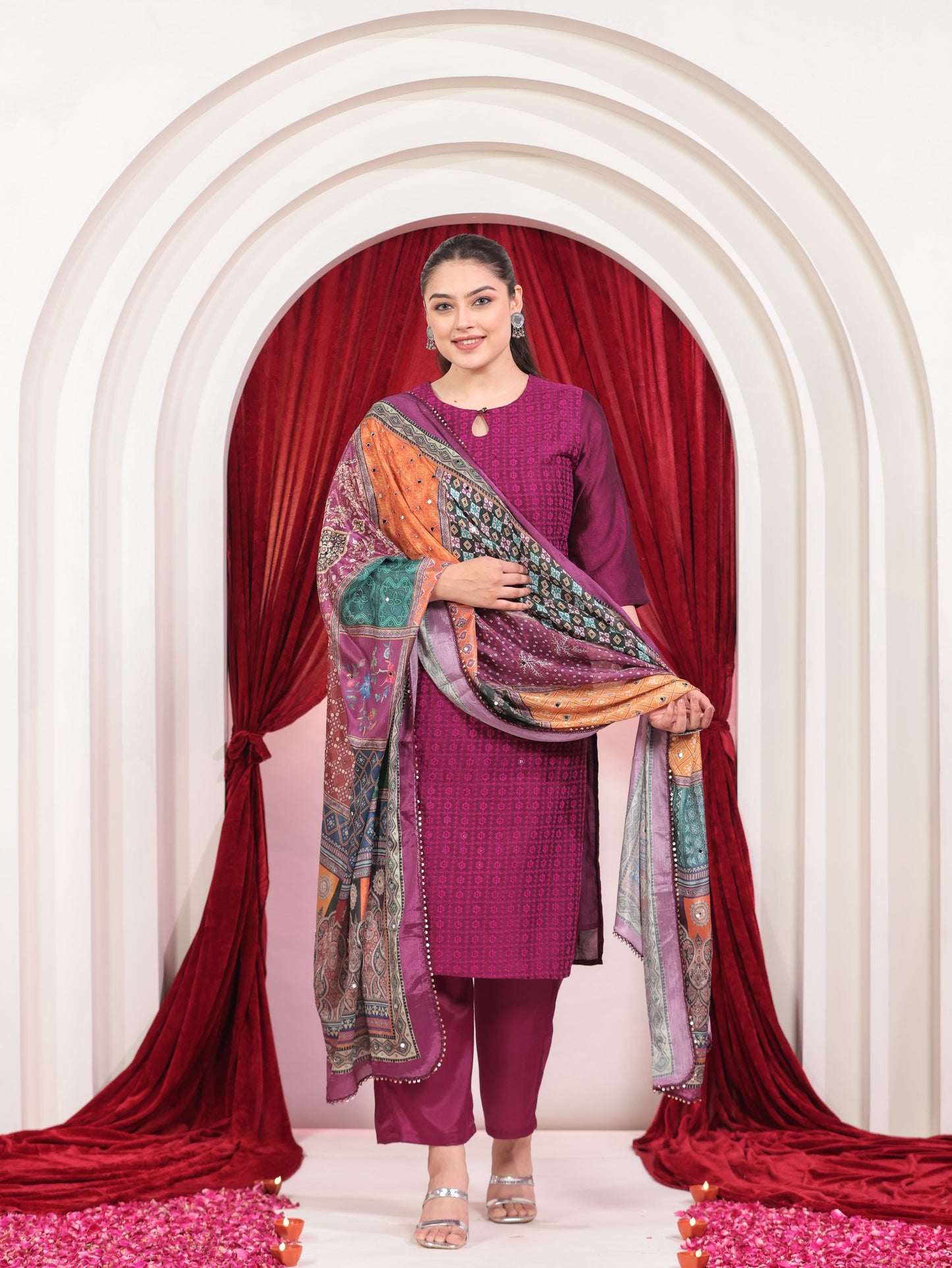 Embroidered Poly Silk Solid Straight Purple Kurta