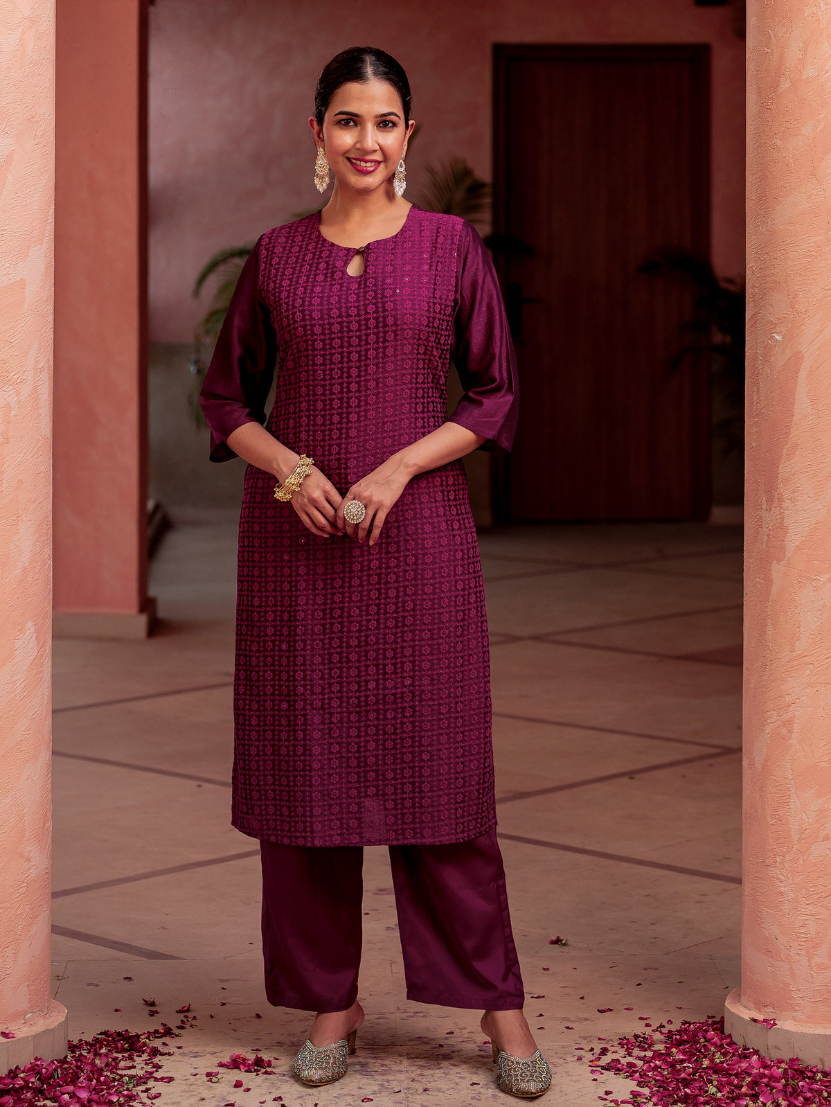 Embroidered Blended Silk Solid Straight Purple Kurta