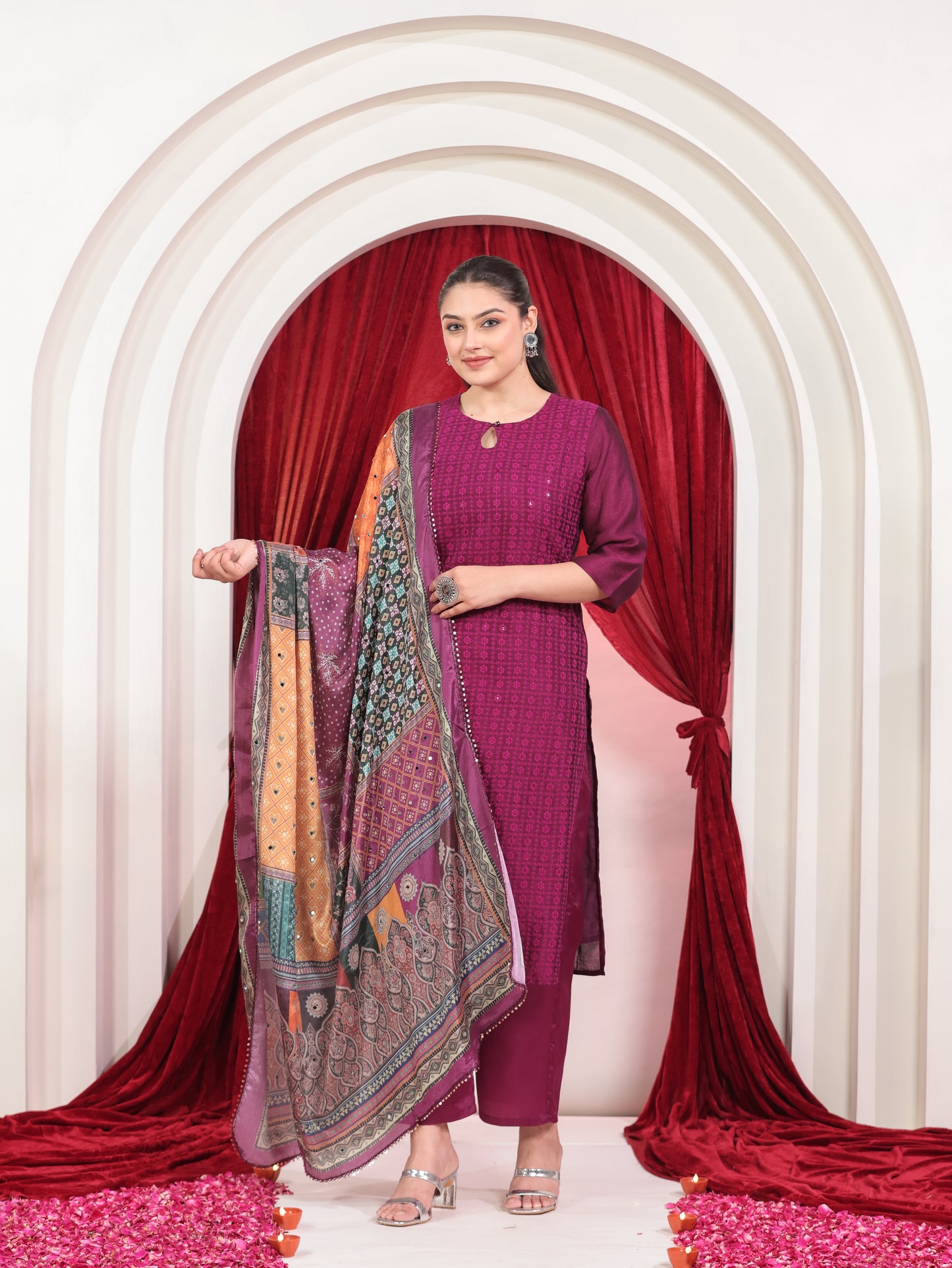 Embroidered Poly Silk Solid Straight Purple Kurta
