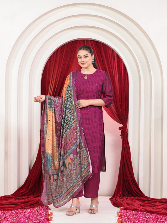 Embroidered Poly Silk Solid Straight Purple Kurta
