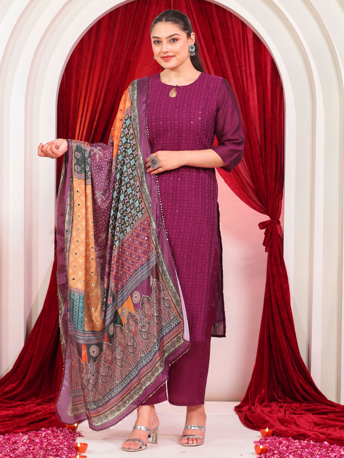 Embroidered Blended Silk Solid Straight Purple Kurta