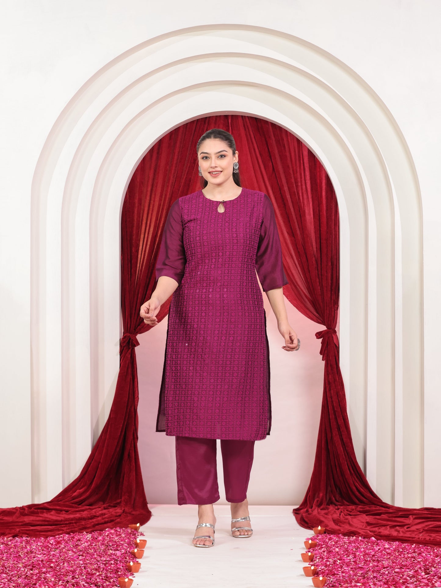 Embroidered Poly Silk Solid Straight Purple Kurta