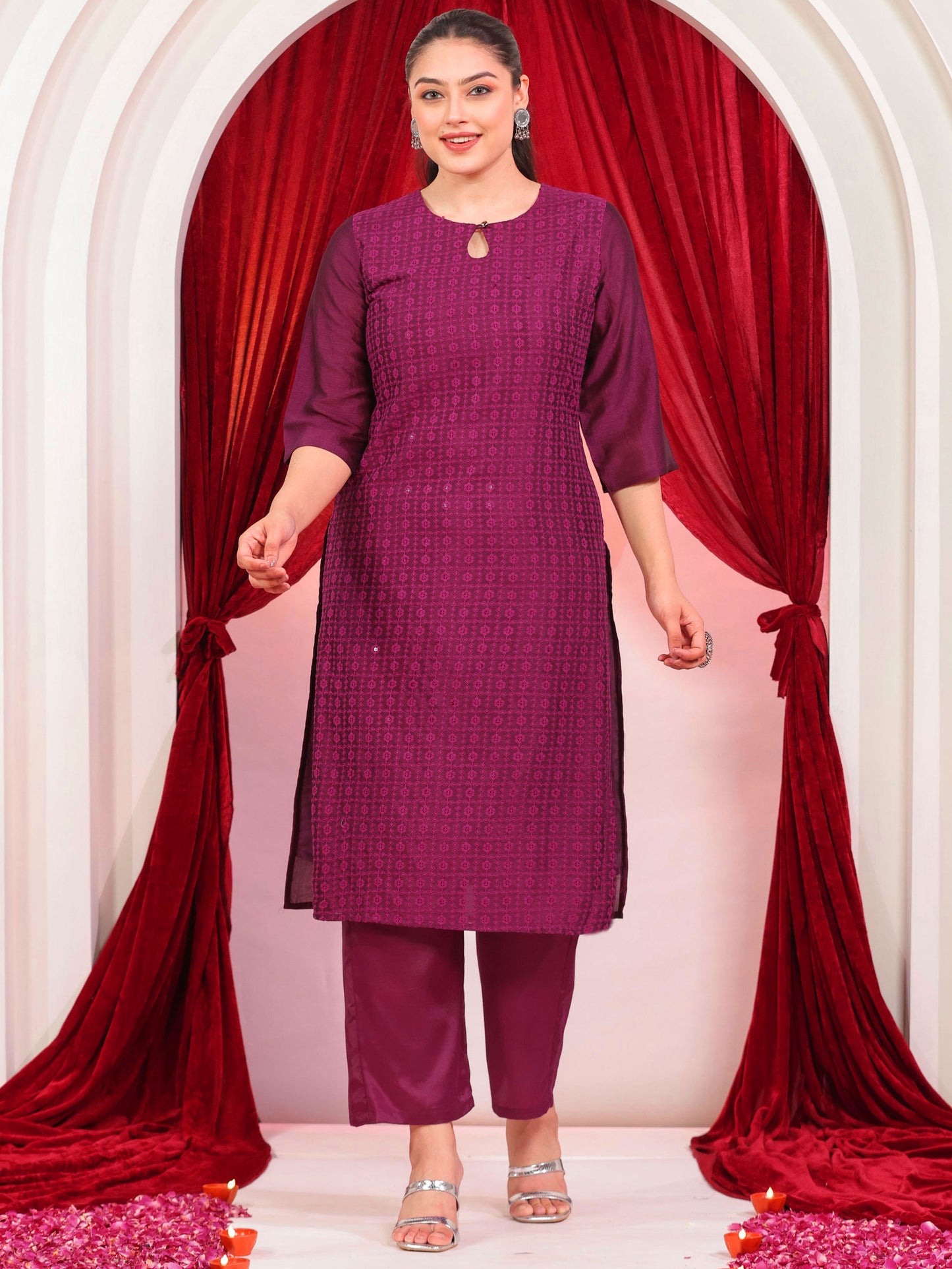Embroidered Blended Silk Solid Straight Purple Kurta