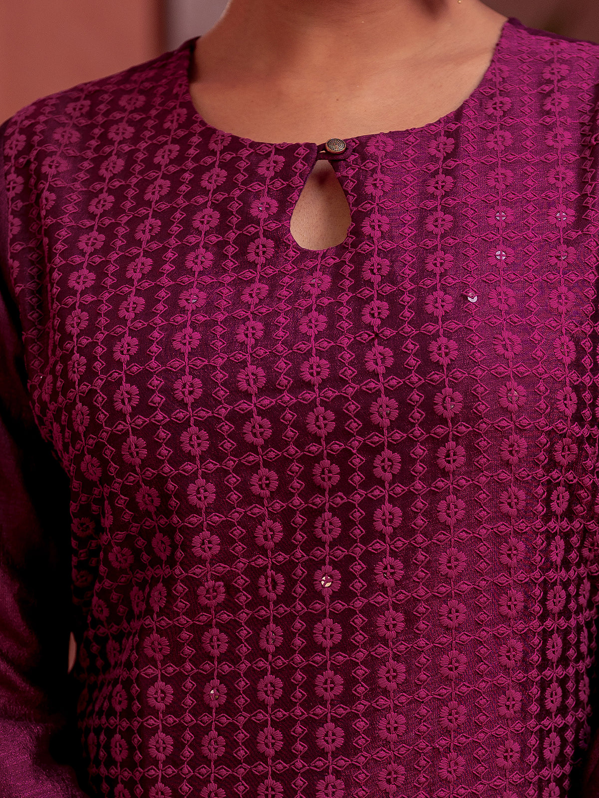 Embroidered Blended Silk Solid Straight Purple Kurta