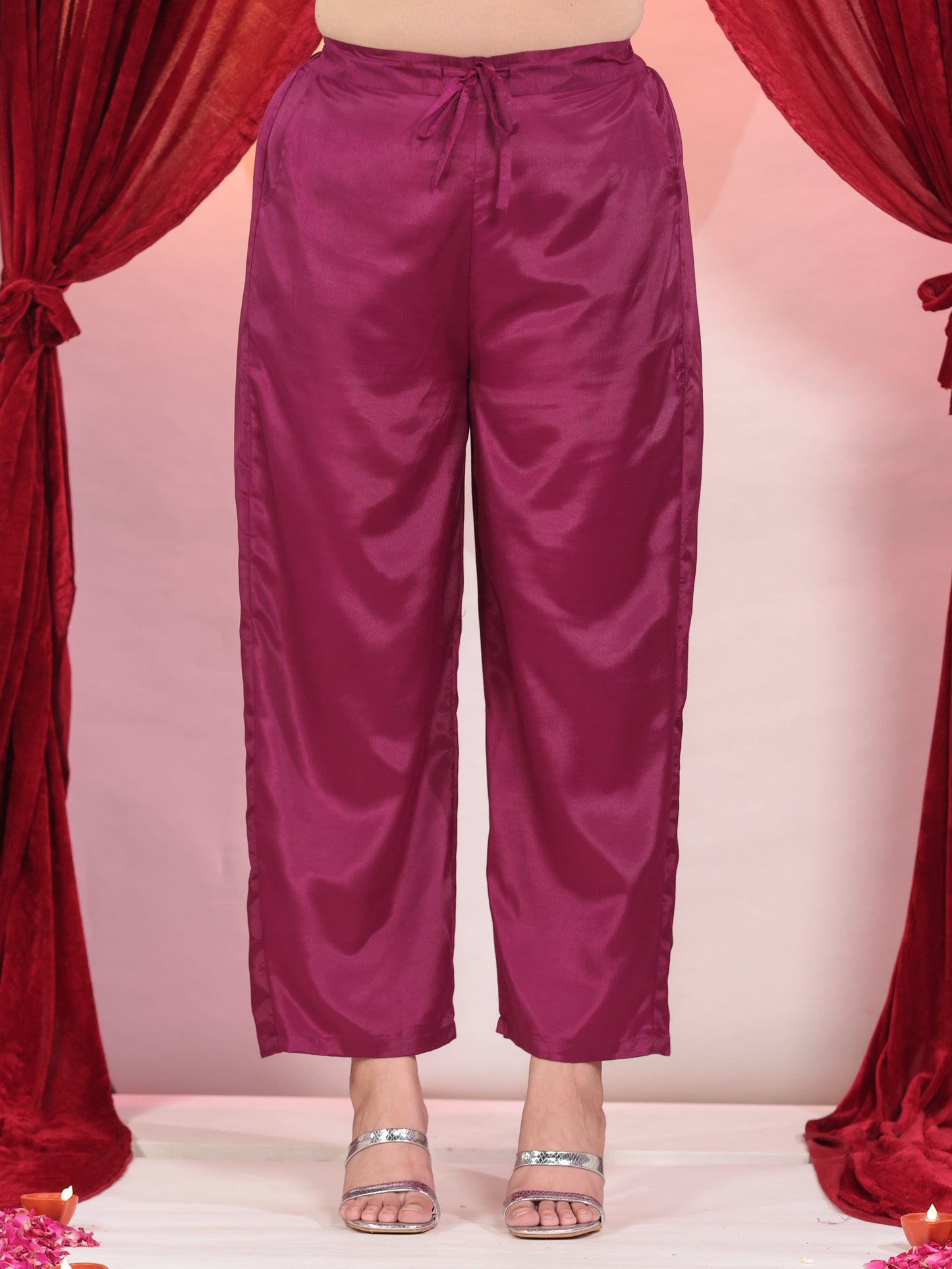 Embroidered Poly Silk Solid Straight Purple Kurta