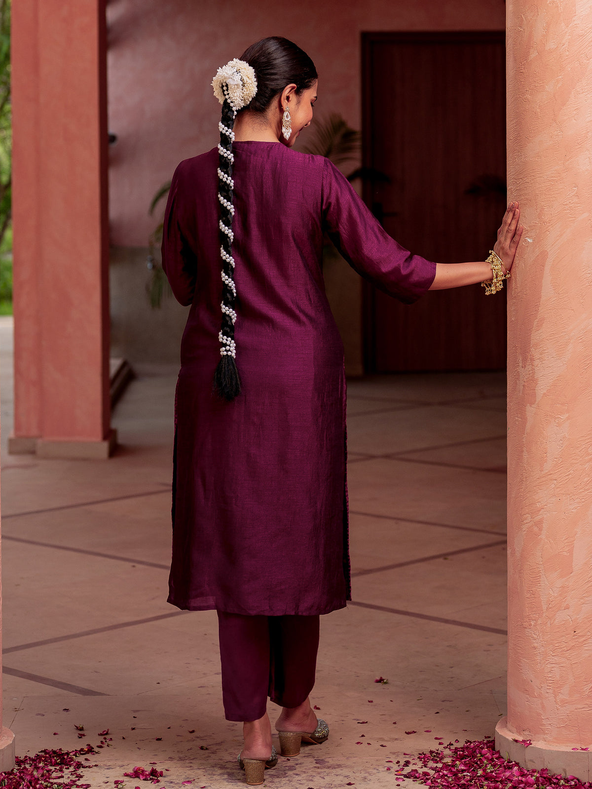 Embroidered Blended Silk Solid Straight Purple Kurta
