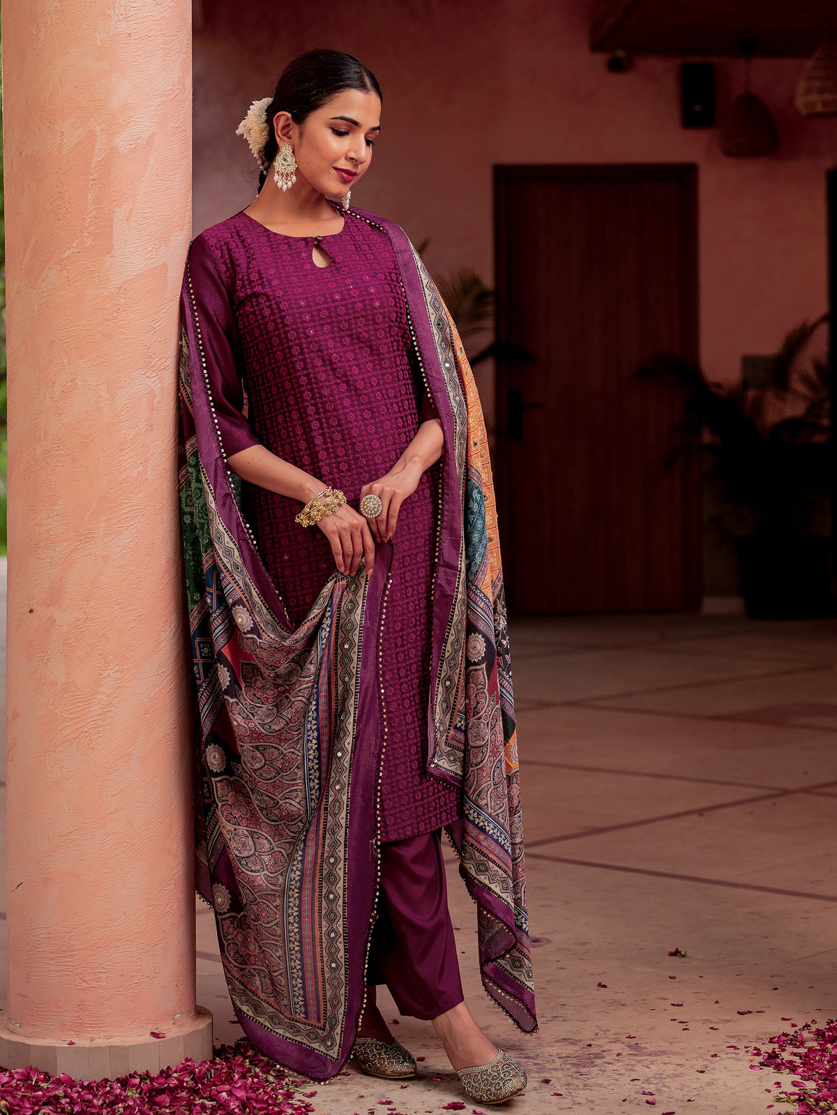 Embroidered Blended Silk Solid Straight Purple Kurta