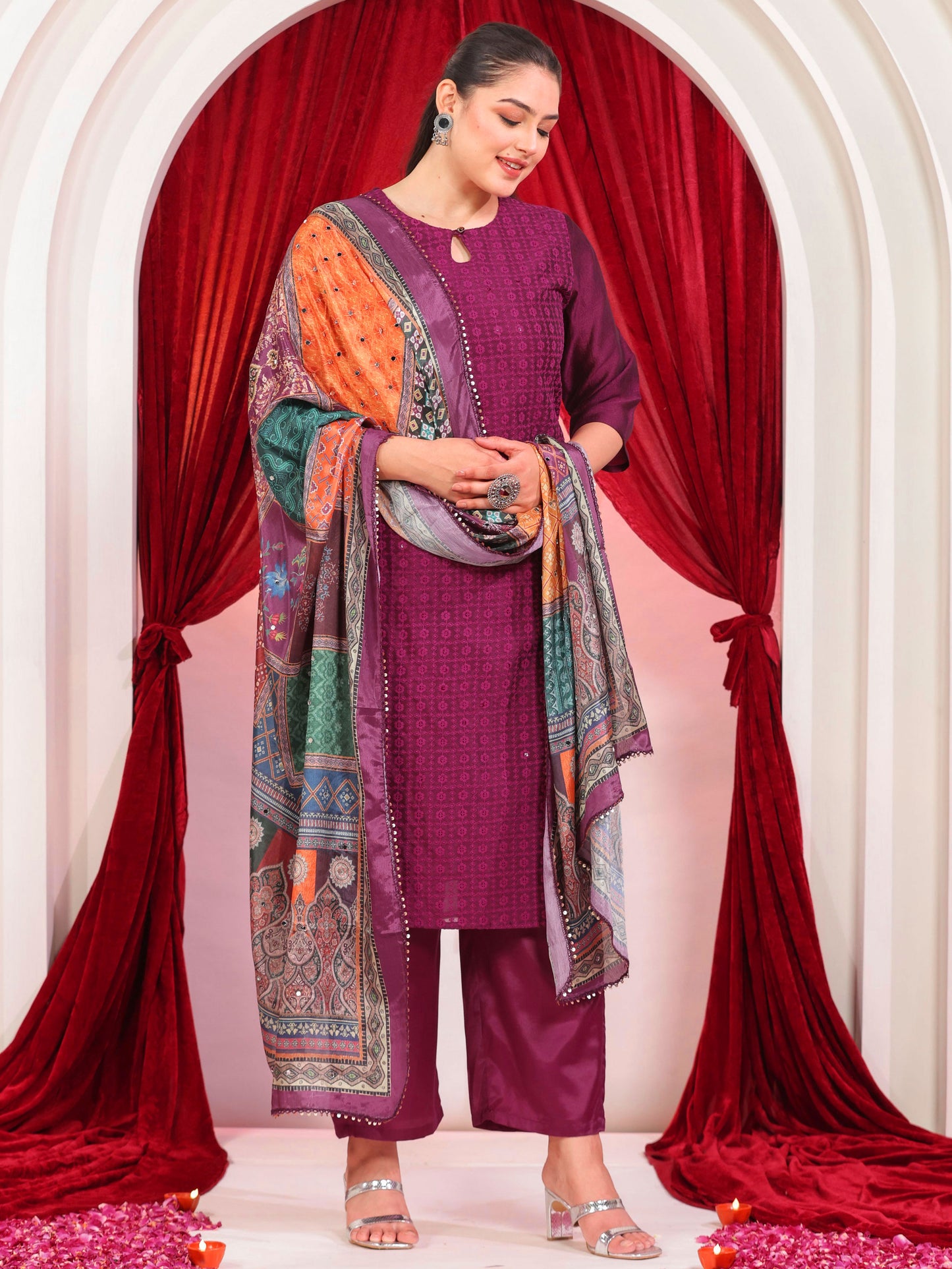 Embroidered Blended Silk Solid Straight Purple Kurta