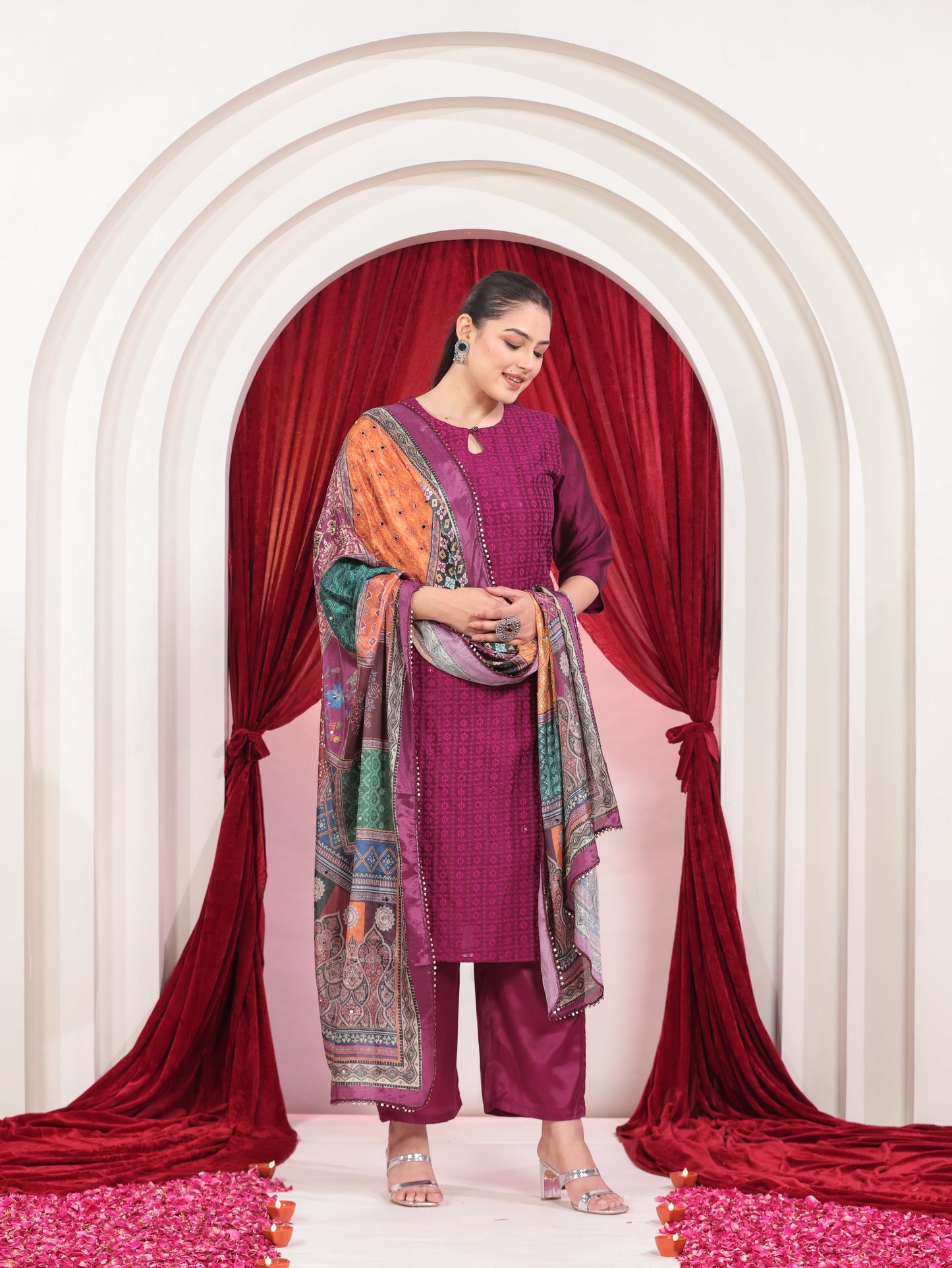 Embroidered Poly Silk Solid Straight Purple Kurta