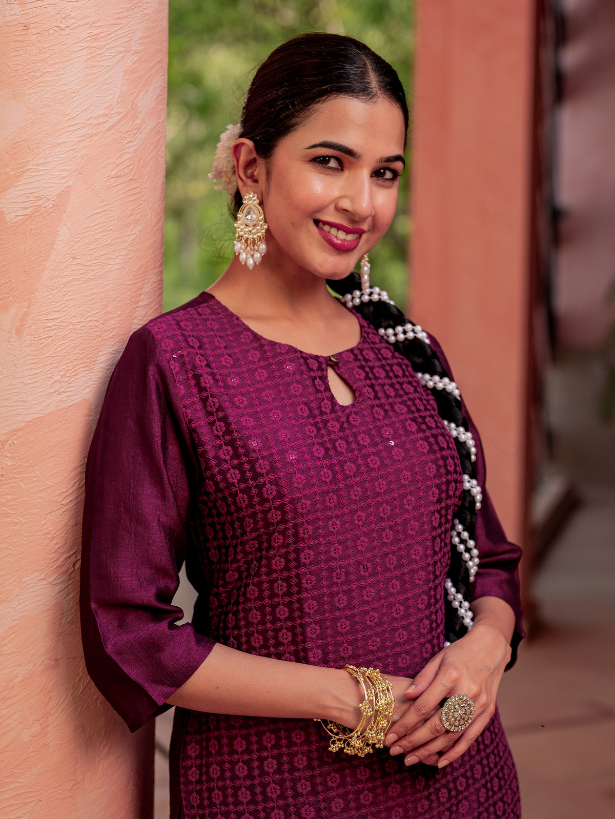Embroidered Blended Silk Solid Straight Purple Kurta