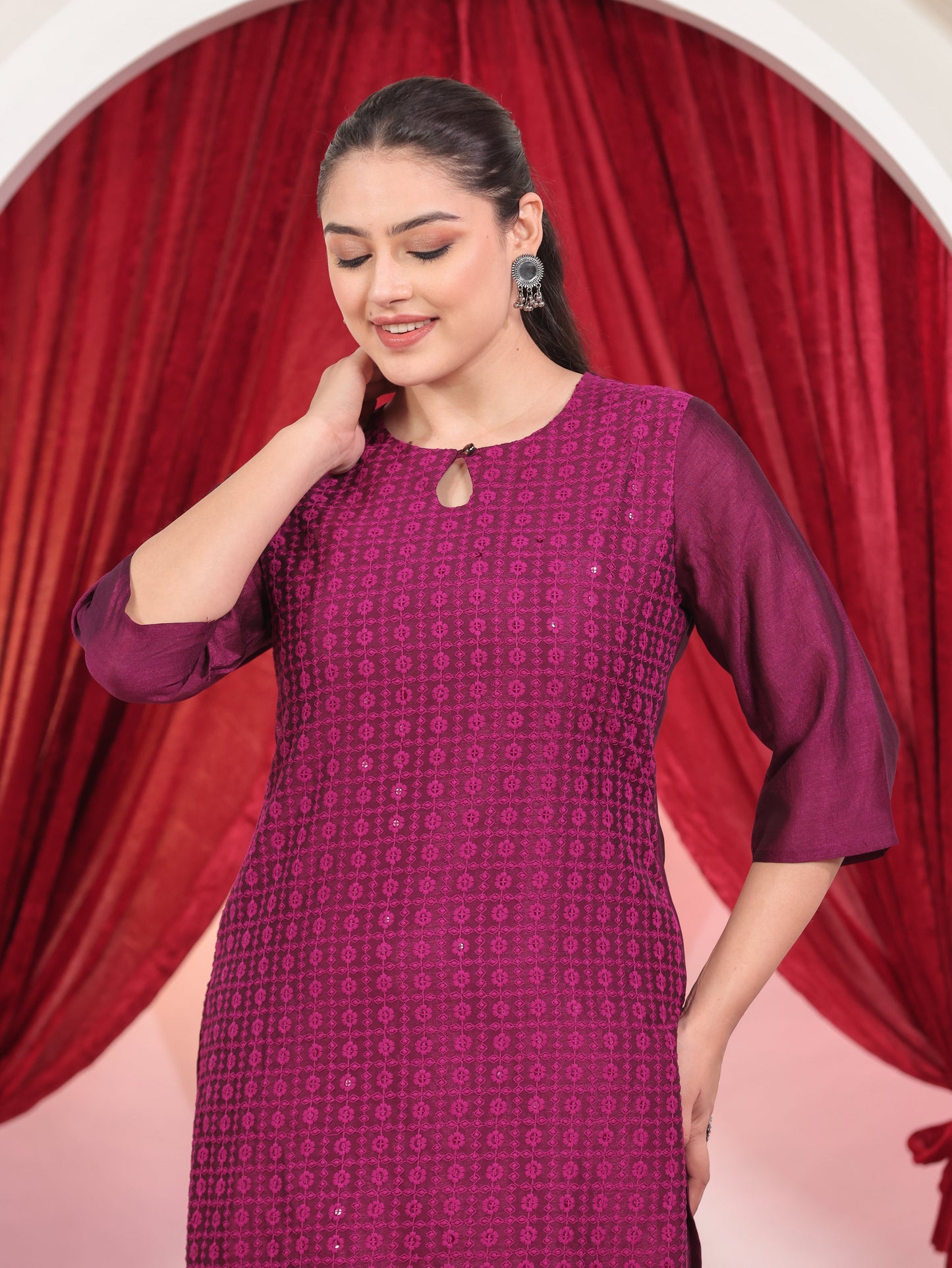 Embroidered Poly Silk Solid Straight Purple Kurta