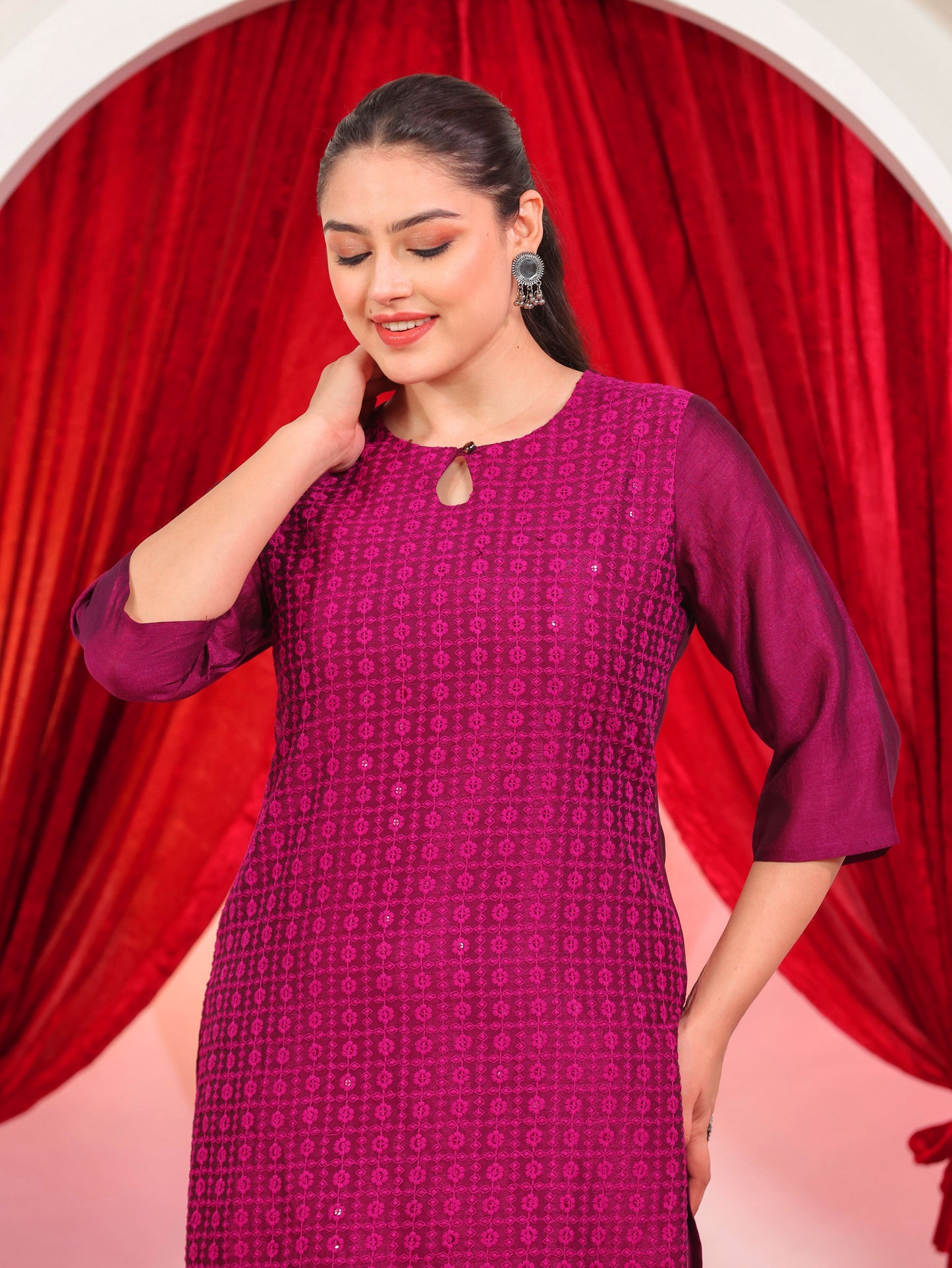 Embroidered Blended Silk Solid Straight Purple Kurta