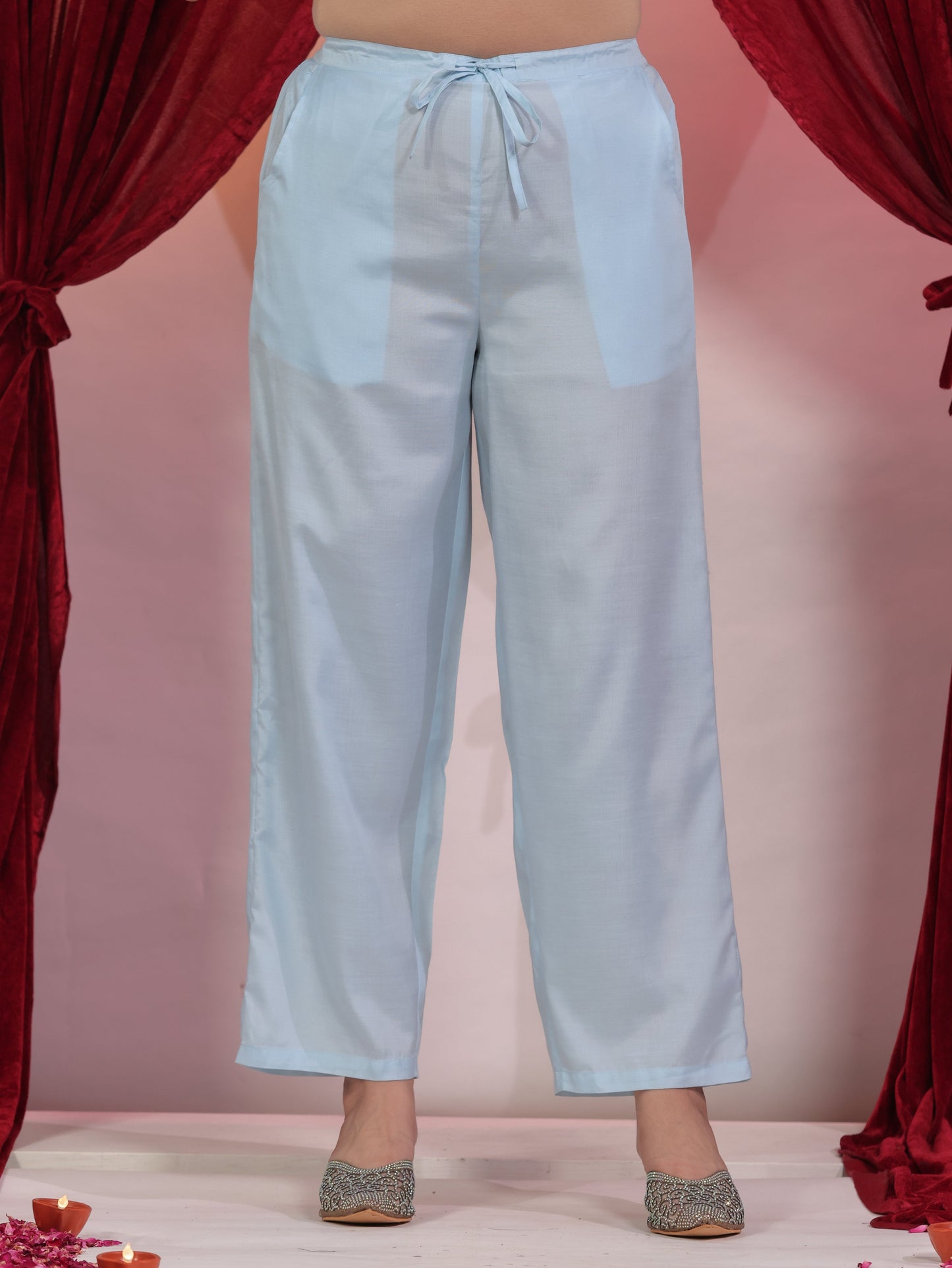 Poly Silk Solid Blue Straight Trousers