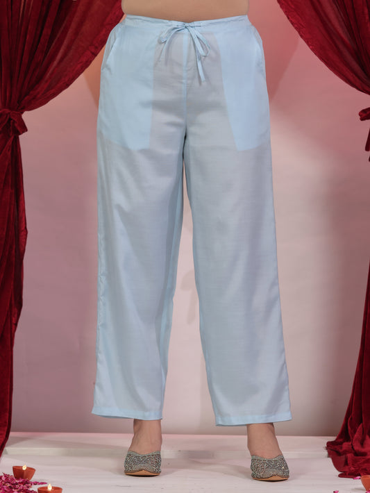 Poly Silk Solid Blue Straight Trousers