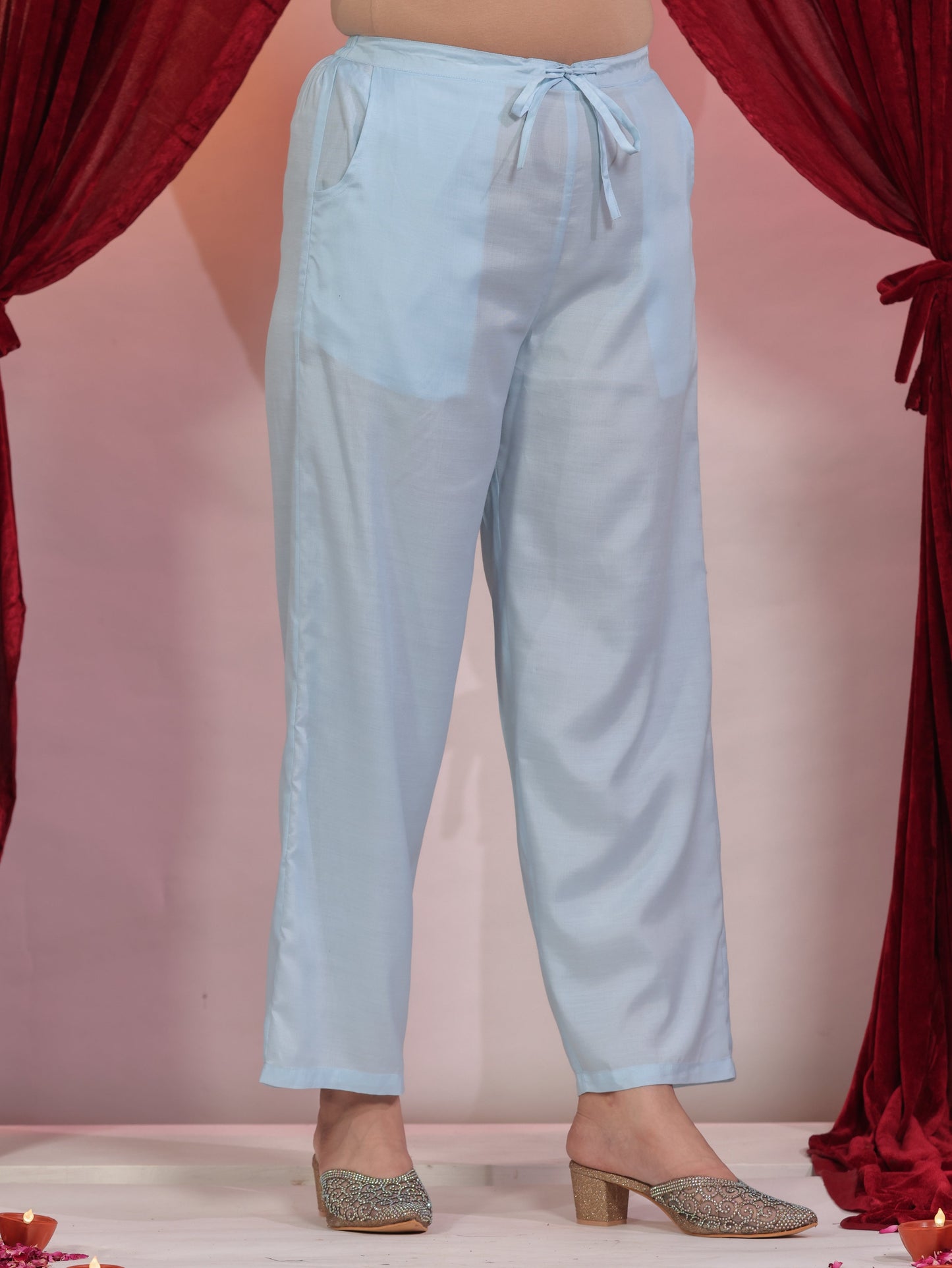 Poly Silk Solid Blue Straight Trousers