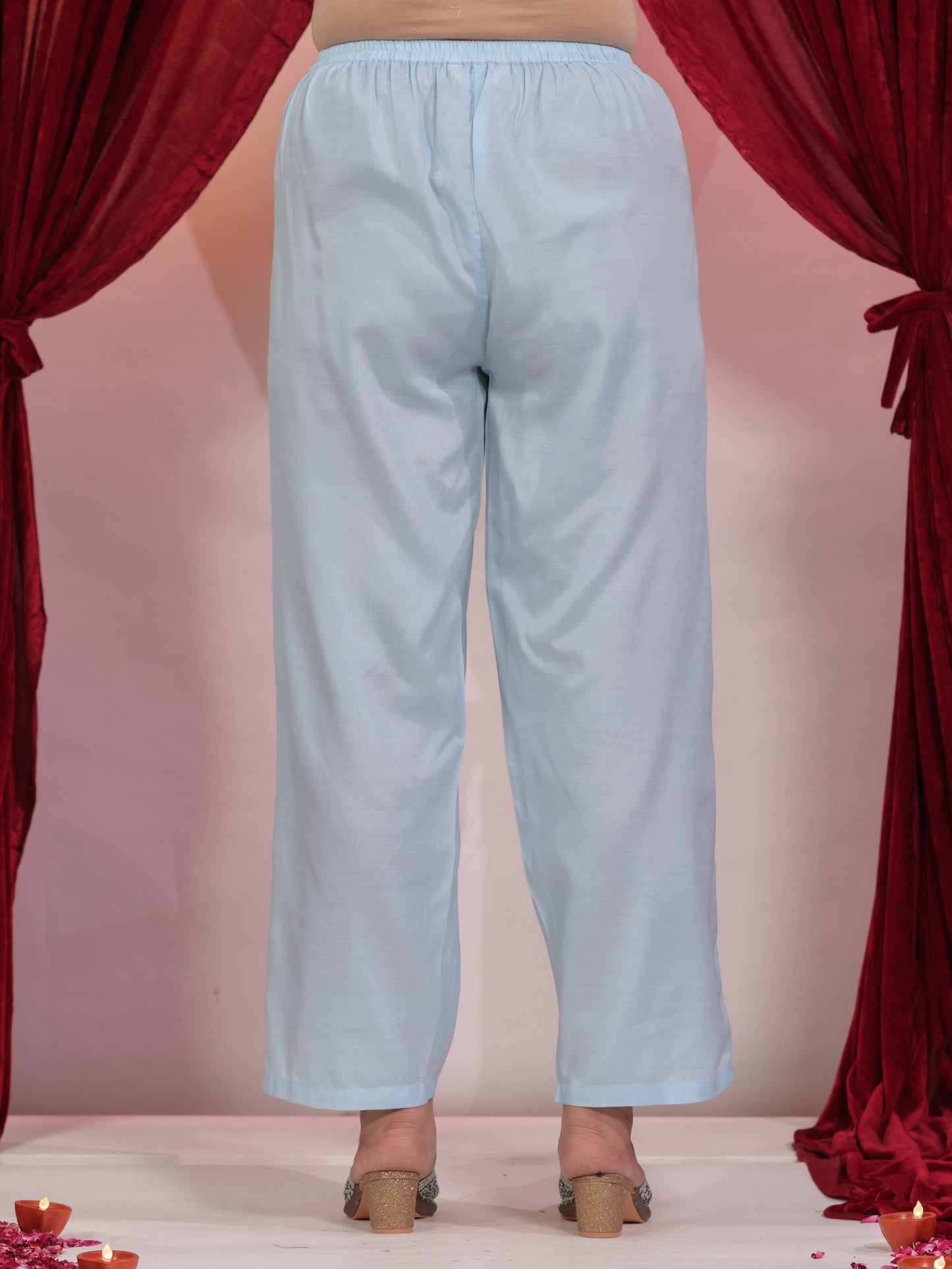 Poly Silk Solid Blue Straight Trousers