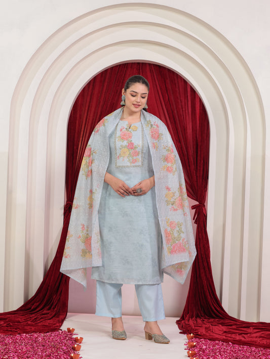 Chanderi Floral Blue Dupatta