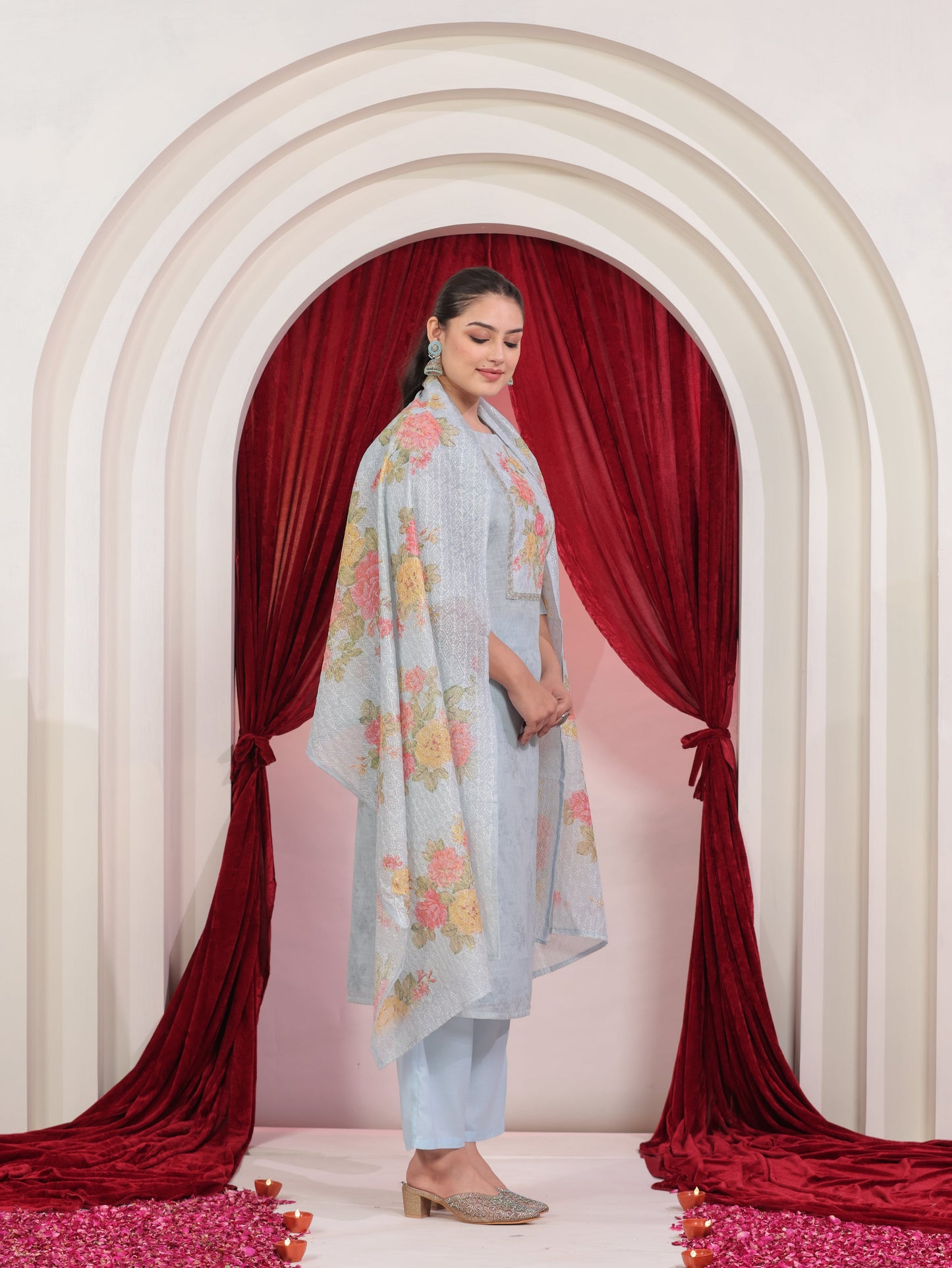 Chanderi Floral Blue Dupatta
