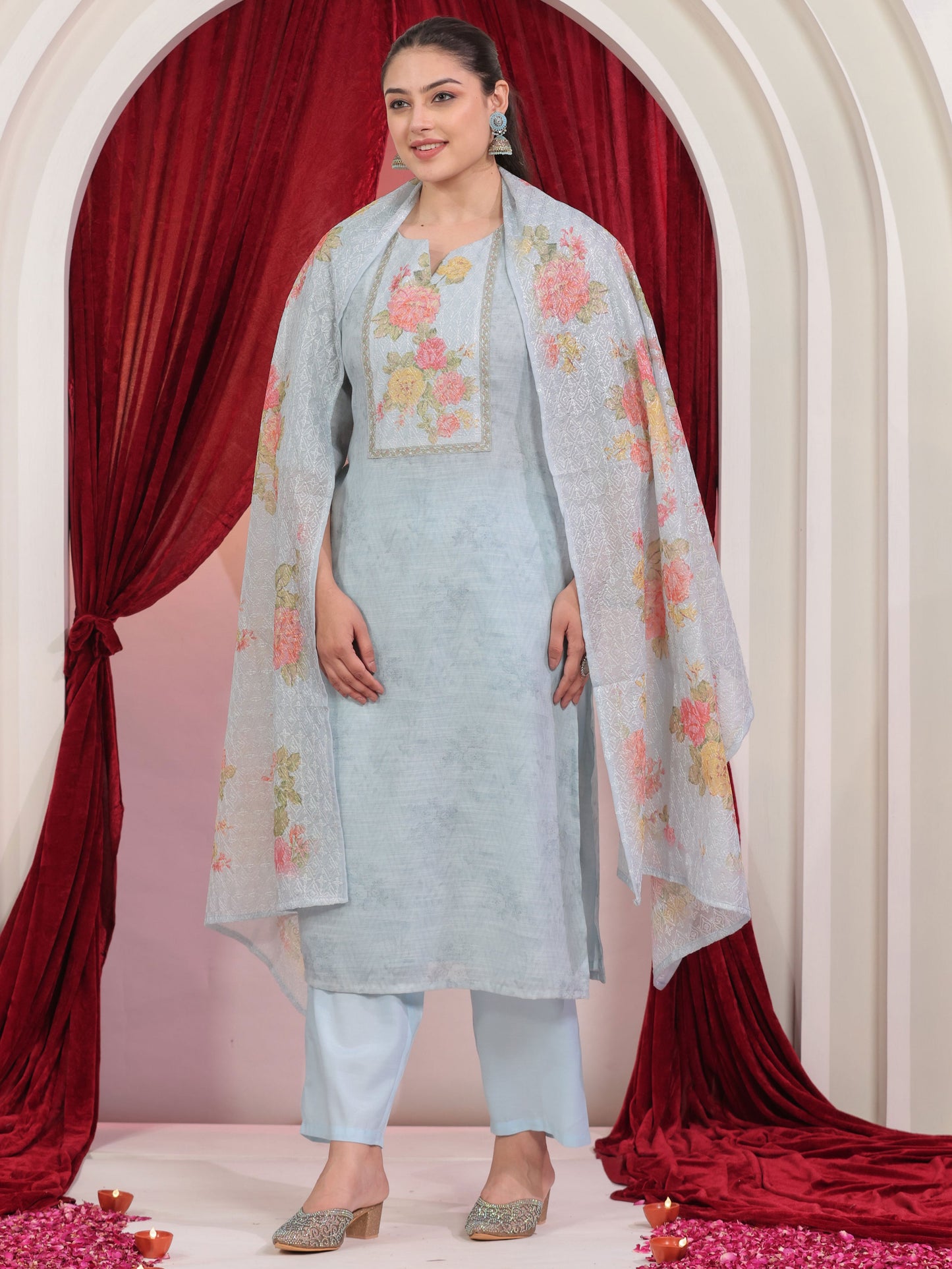 Chanderi Solid Straight Blue Kurta