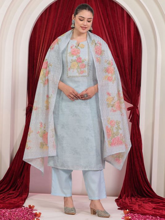 Chanderi Solid Straight Blue Kurta