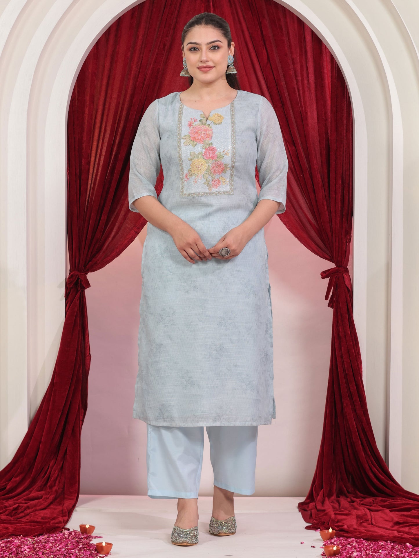 Chanderi Solid Straight Blue Kurta