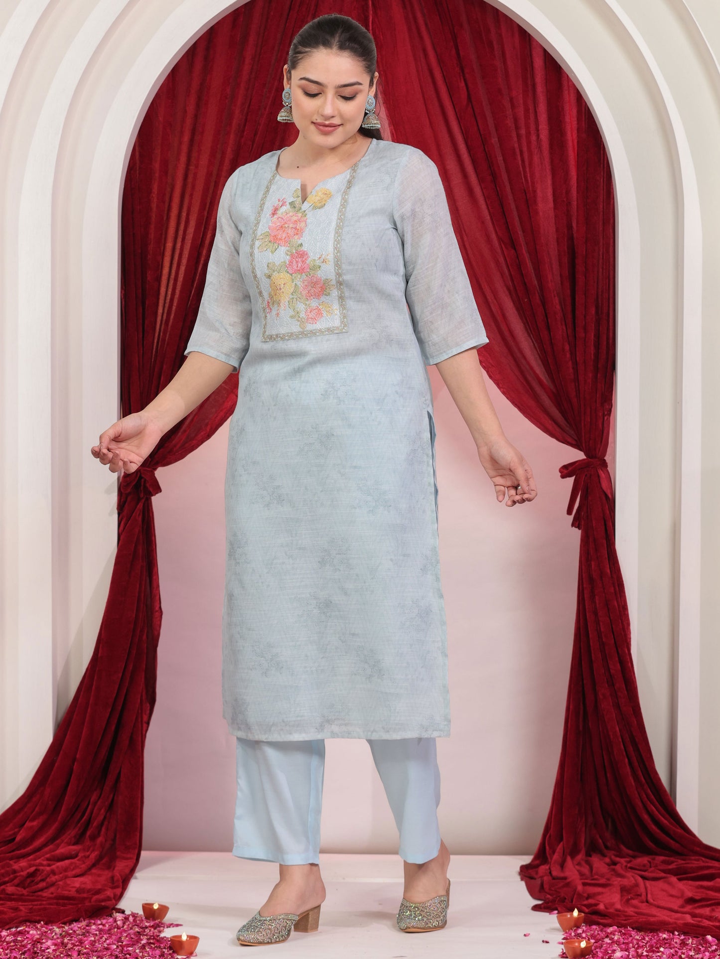 Chanderi Solid Straight Blue Kurta