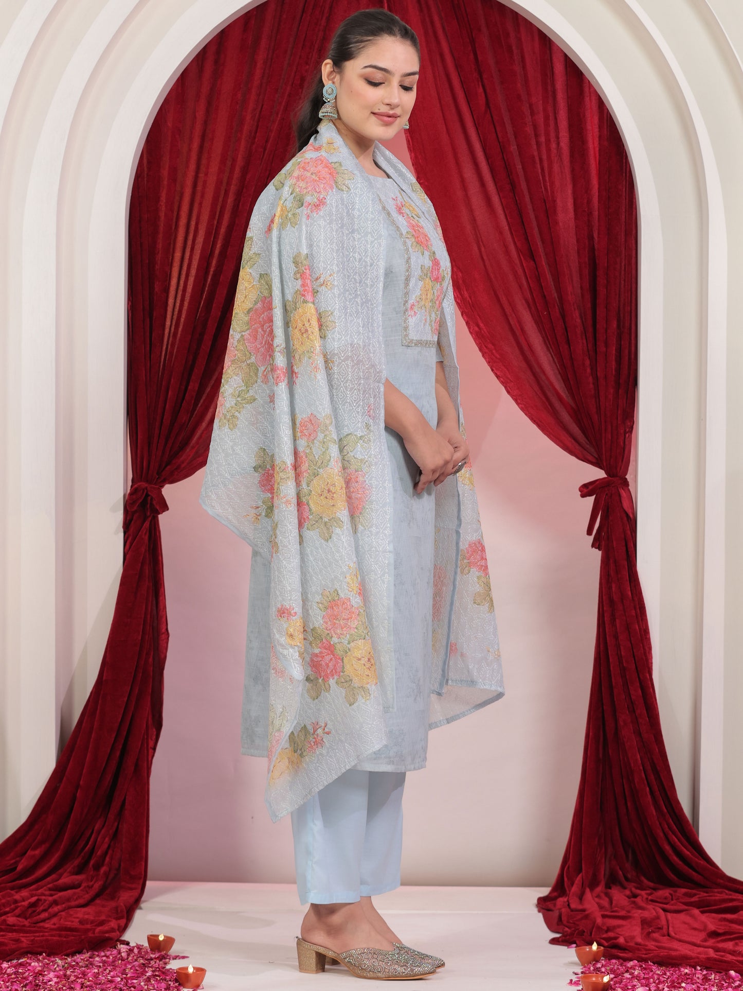 Chanderi Solid Straight Blue Kurta