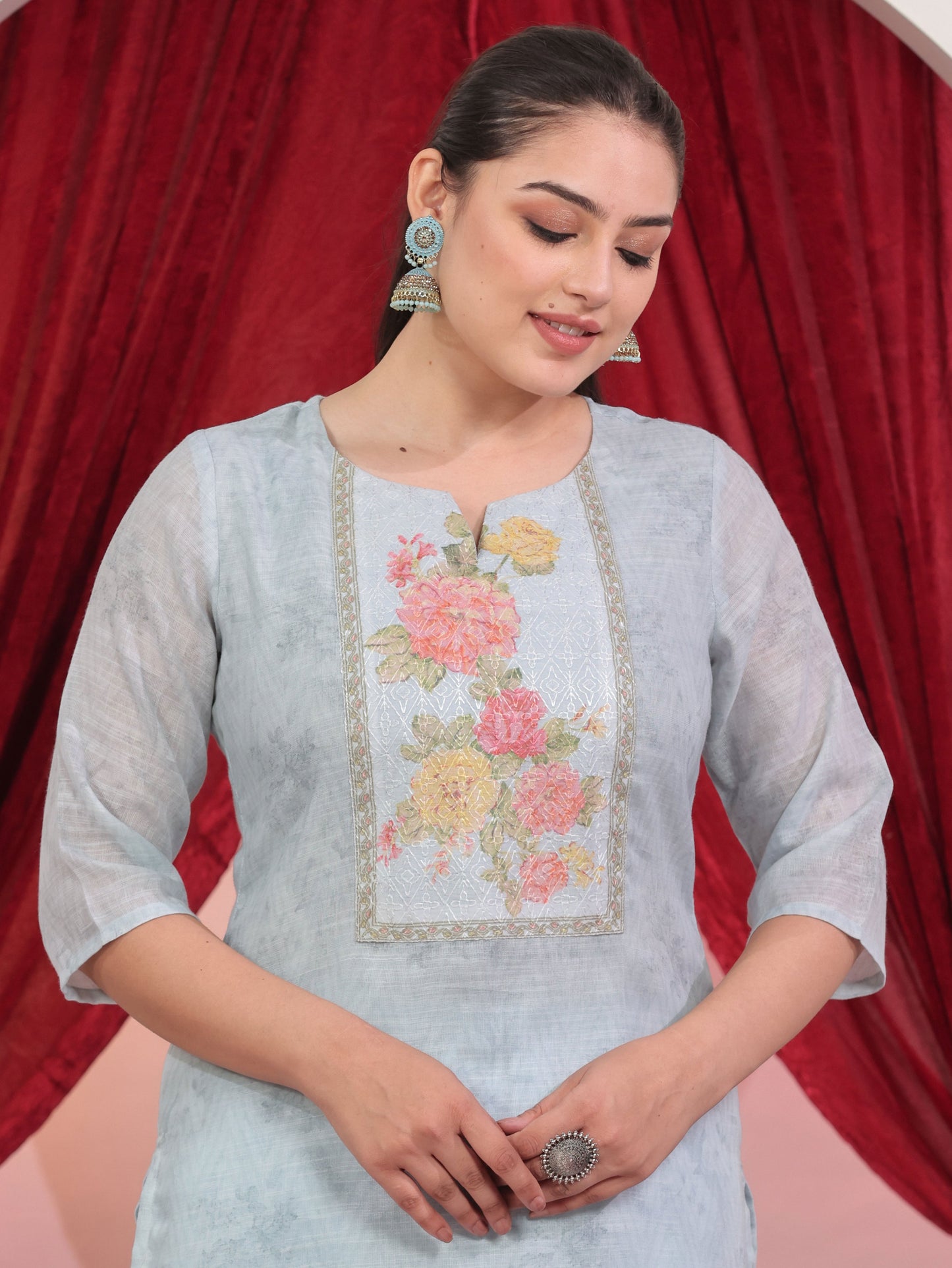 Chanderi Solid Straight Blue Kurta