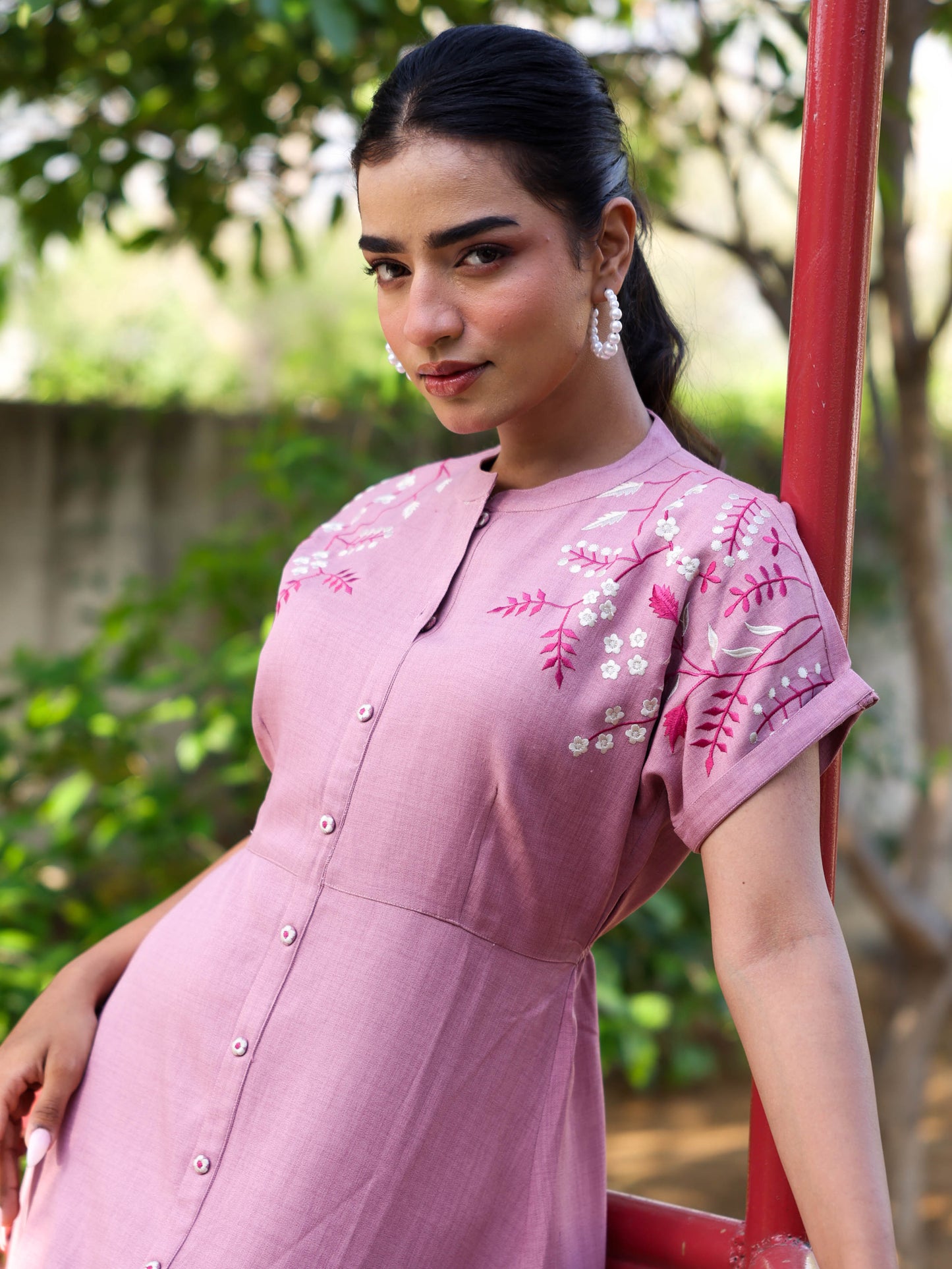Embroidered Linen Blend Solid Flared Pink Dress
