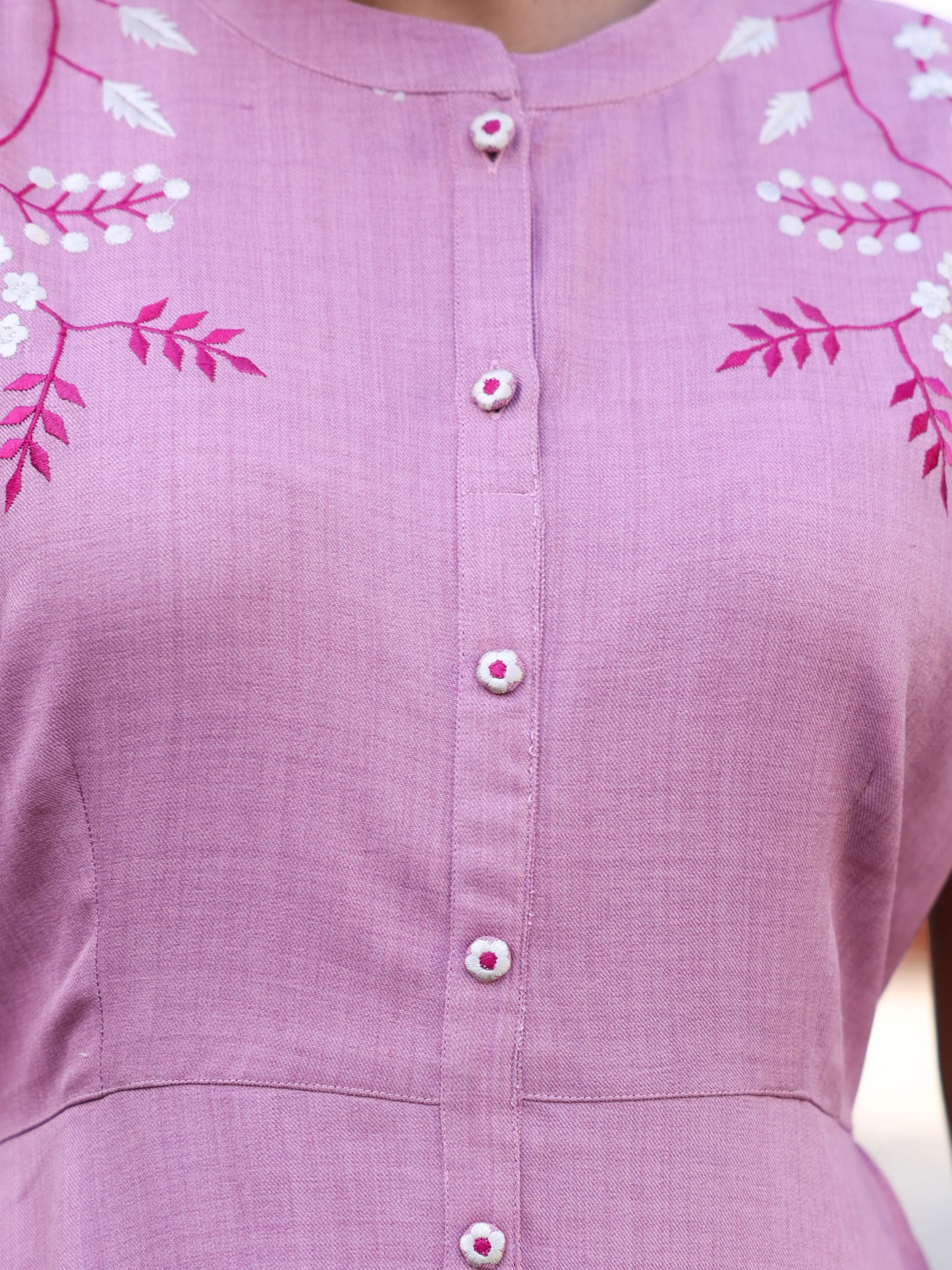 Embroidered Linen Blend Solid Flared Pink Dress