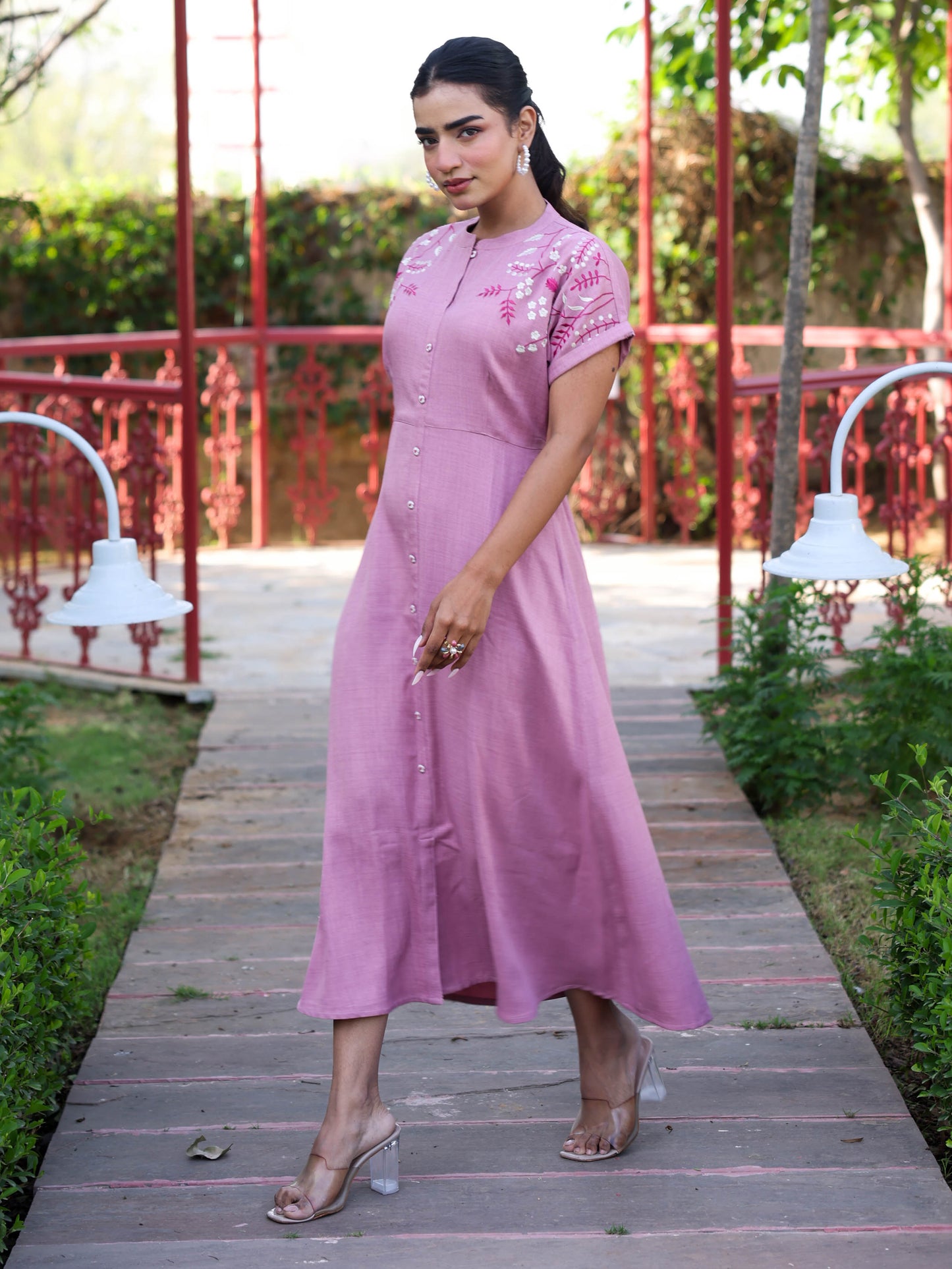 Embroidered Linen Blend Solid Flared Pink Dress