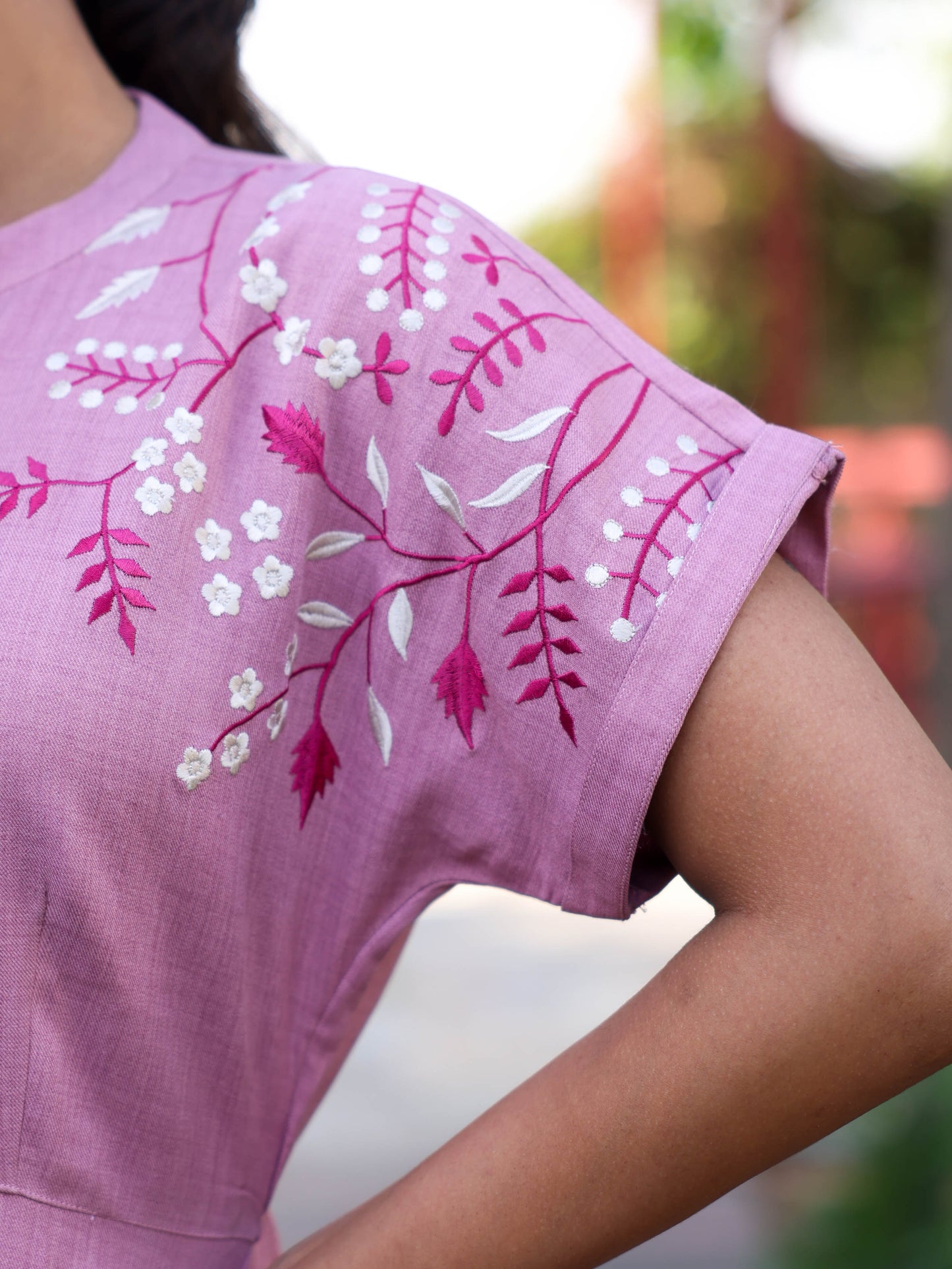 Embroidered Linen Blend Solid Flared Pink Dress