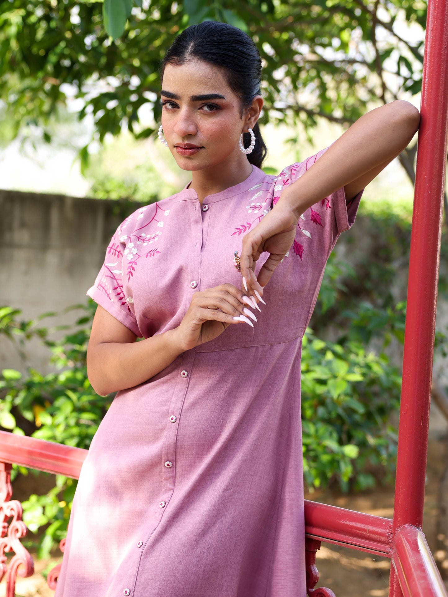 Embroidered Linen Blend Solid Flared Pink Dress