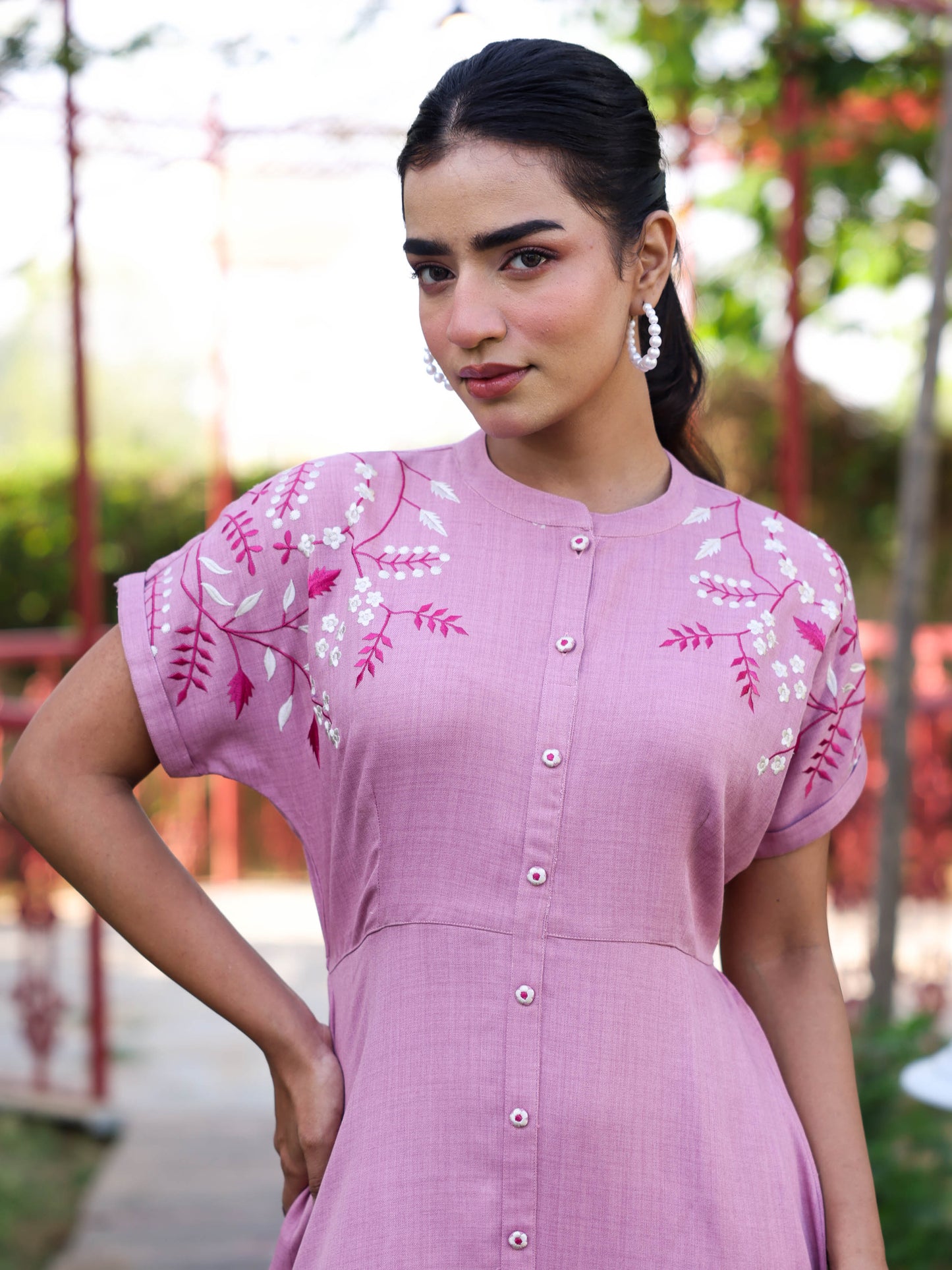 Embroidered Linen Blend Solid Flared Pink Dress