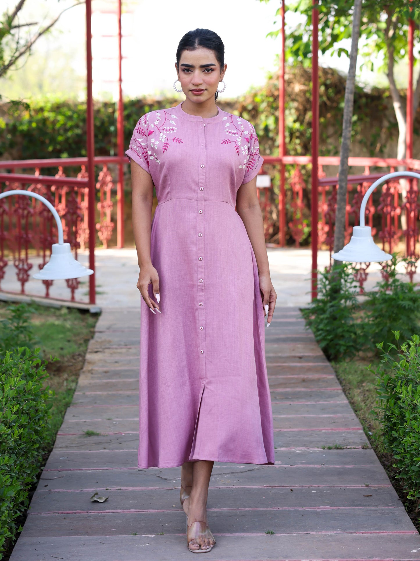 Embroidered Linen Blend Solid Flared Pink Dress