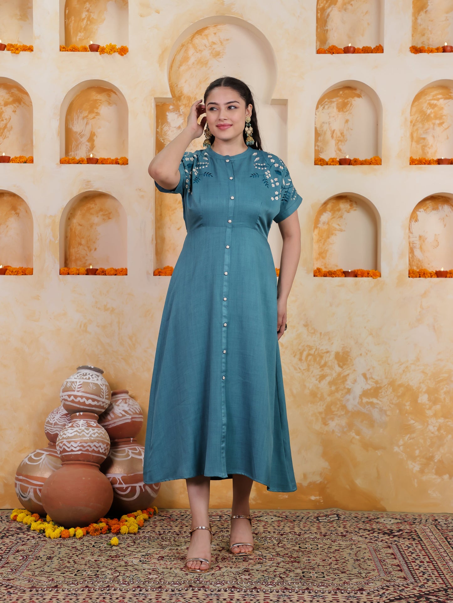 Embroidered Linen Blend Solid A-line Teal Dress